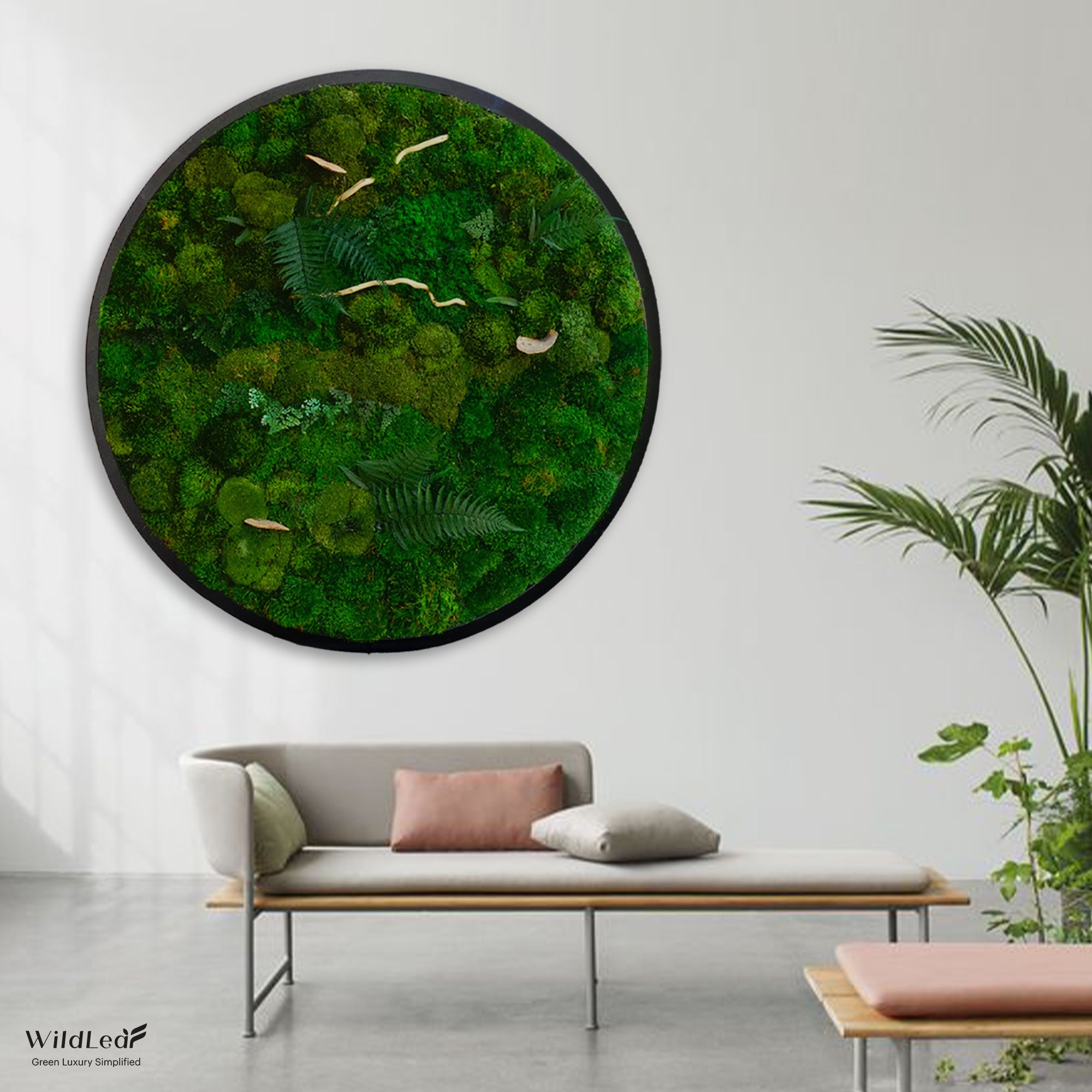 Circular preserved moss wall art with wooden frame and mushroom accents。