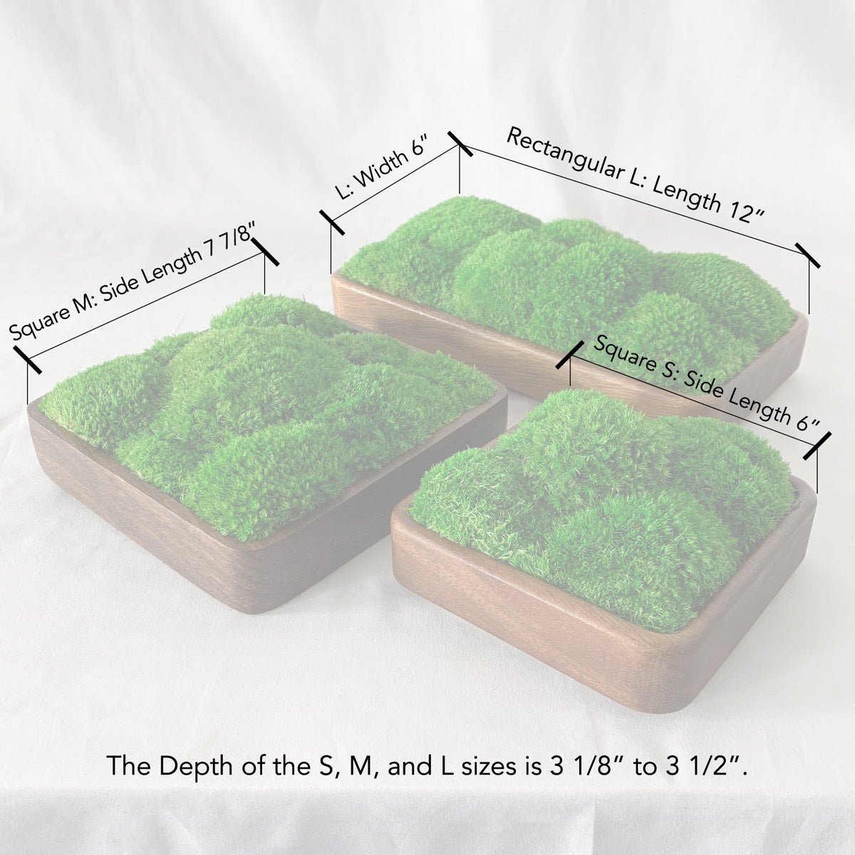 Dimensional annotation of the Rectangular Bun Moss Bowl, highlighting various sizes.