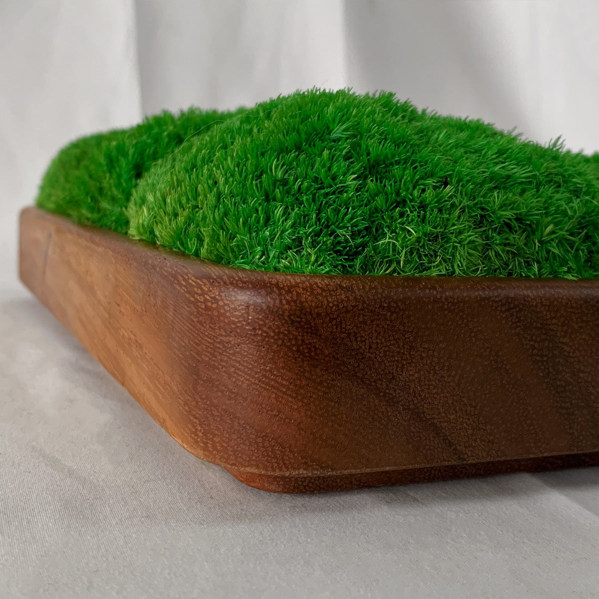 Detail of dark walnut grain in rectangular shaped moss bowl.