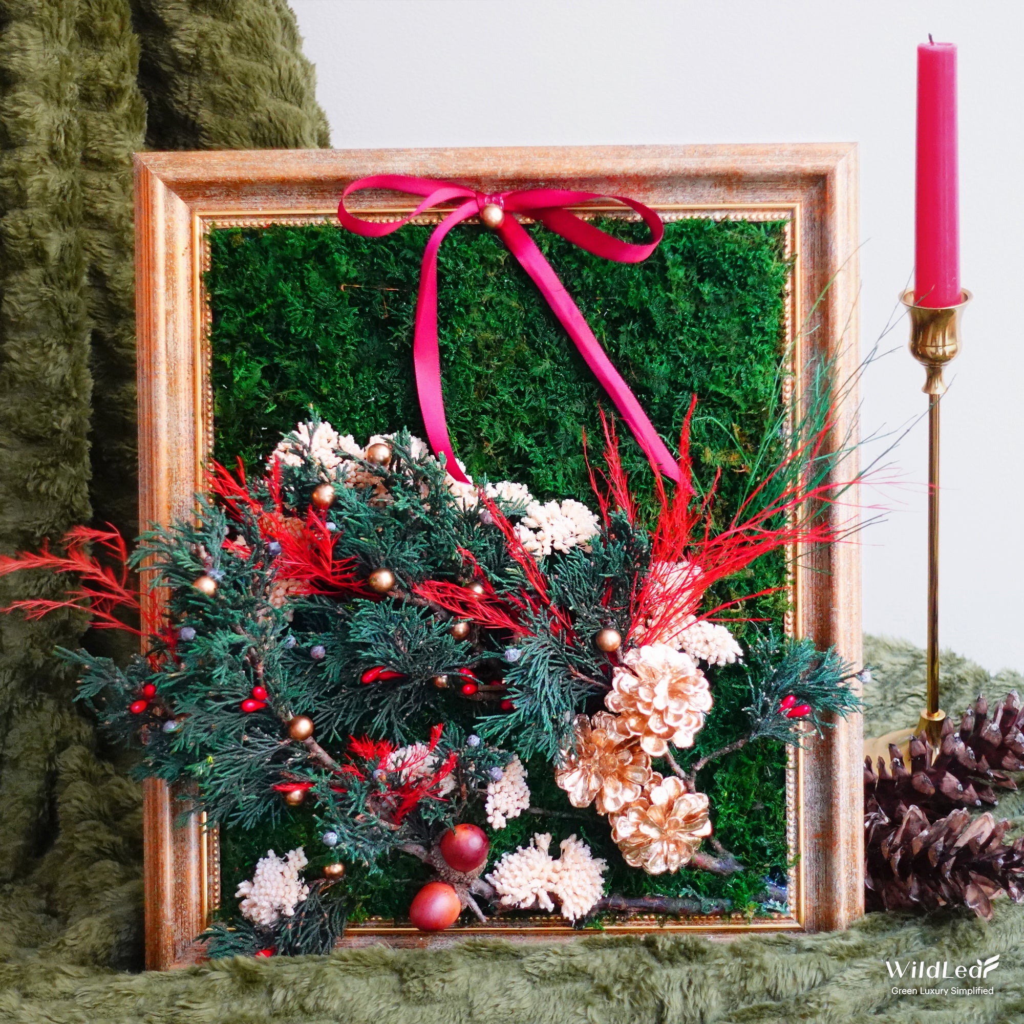 Vintage Framed Fall Moss Wall Art in a Christmas setting with red candles and festive holiday decorations.