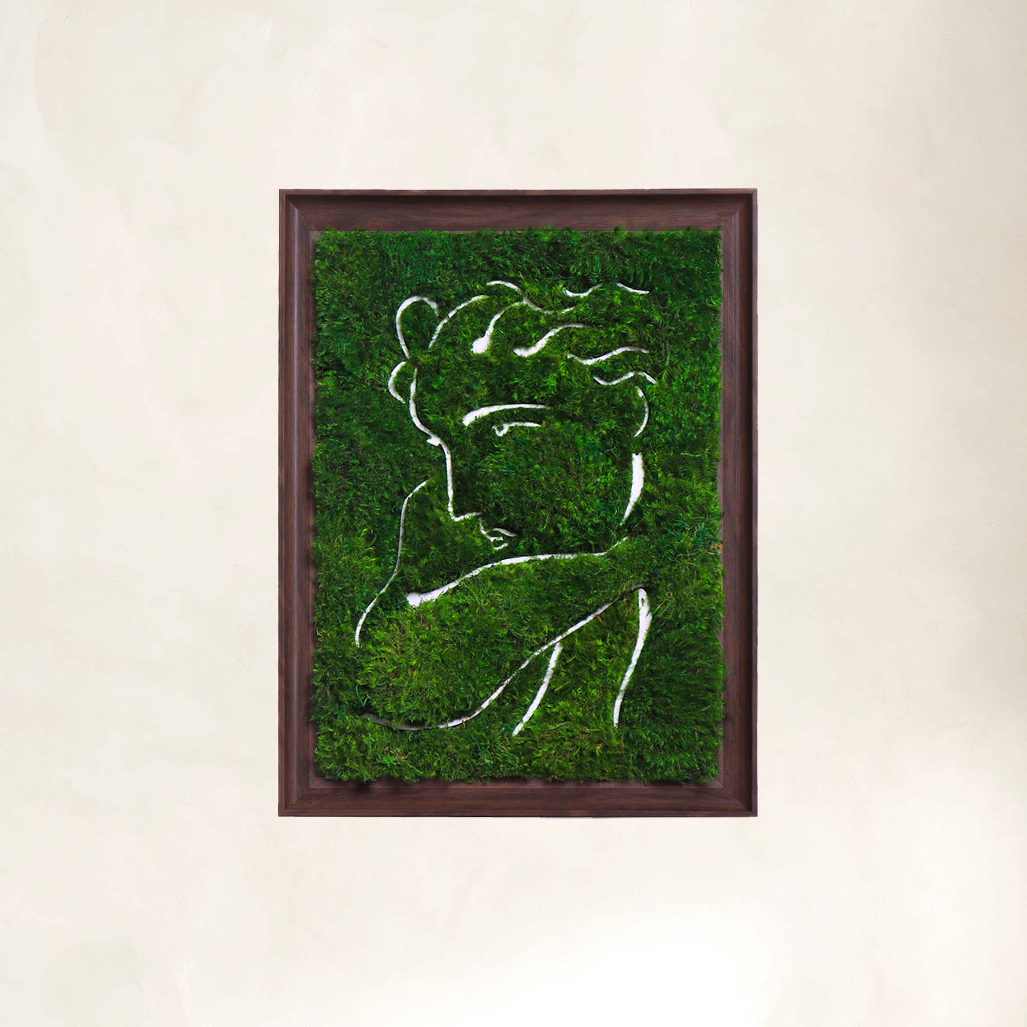 Framed elegant female pattern Parisian moss wall art in dark walnut wood, handcrafted with preserved mood moss