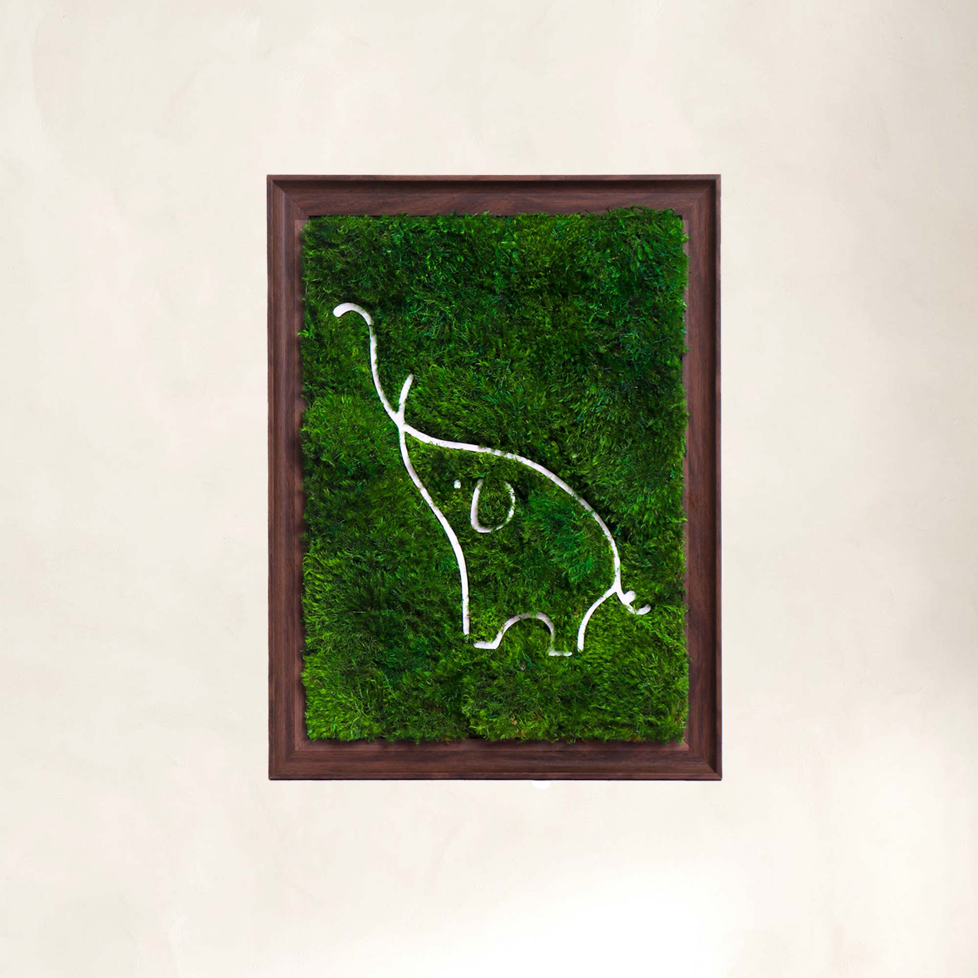 Framed elephant pattern French Style moss art in dark walnut wood, handcrafted with preserved mood moss