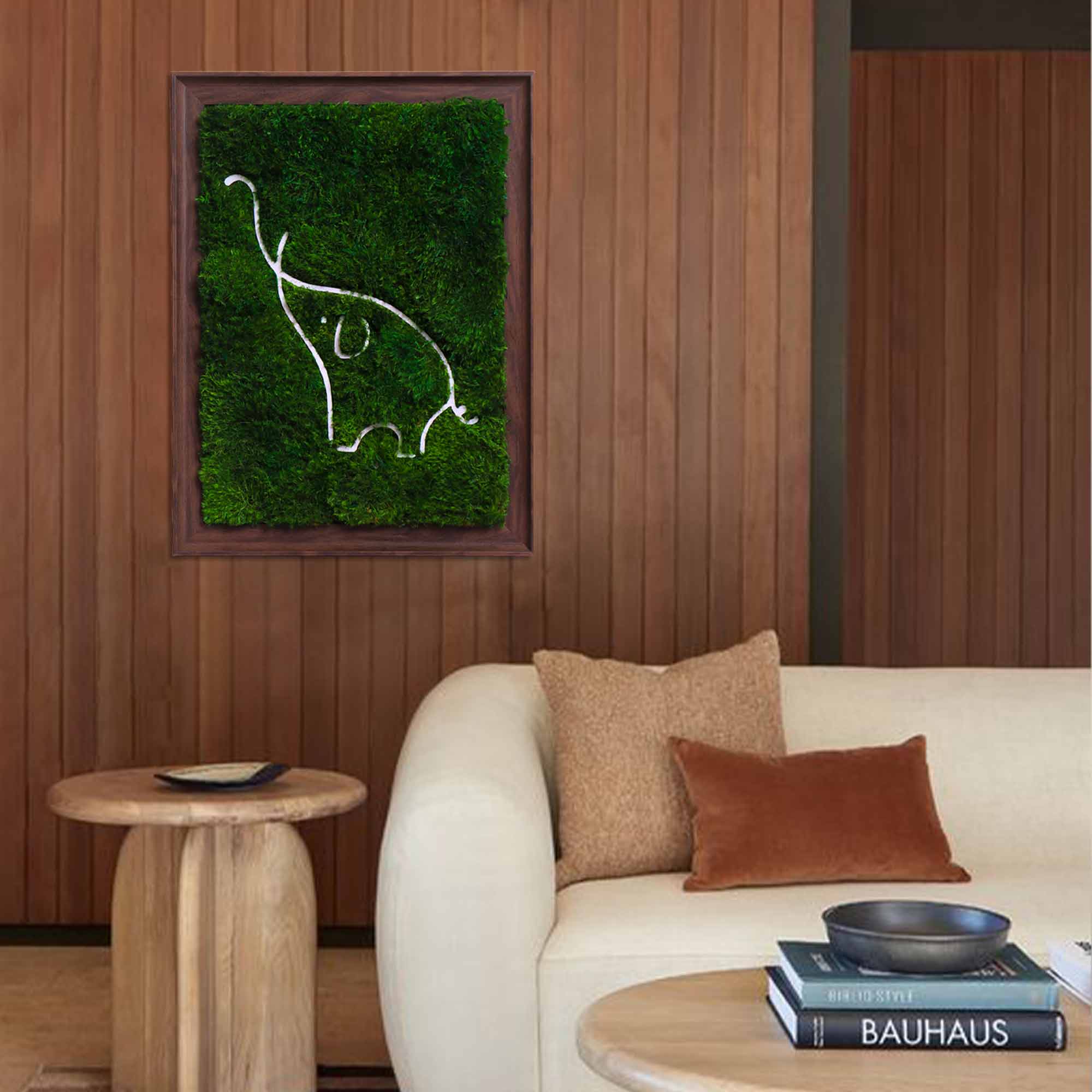 Parisian moss wall art displayed in a living room, adding a touch of nature to the decor