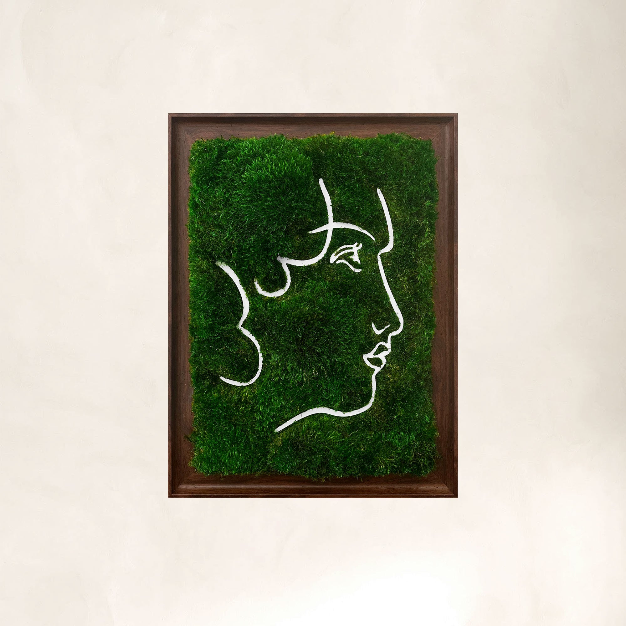 Framed woman profile Parisian moss art in dark walnut wood, handcrafted with preserved mood moss
