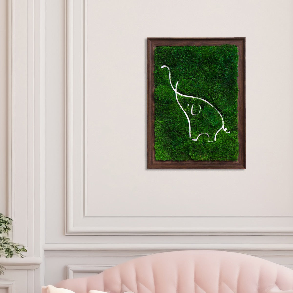 Framed Woman Profile Parisian Moss Wall Art combining lush Mood Moss and artistic portrait, displayed in a French-style living room.