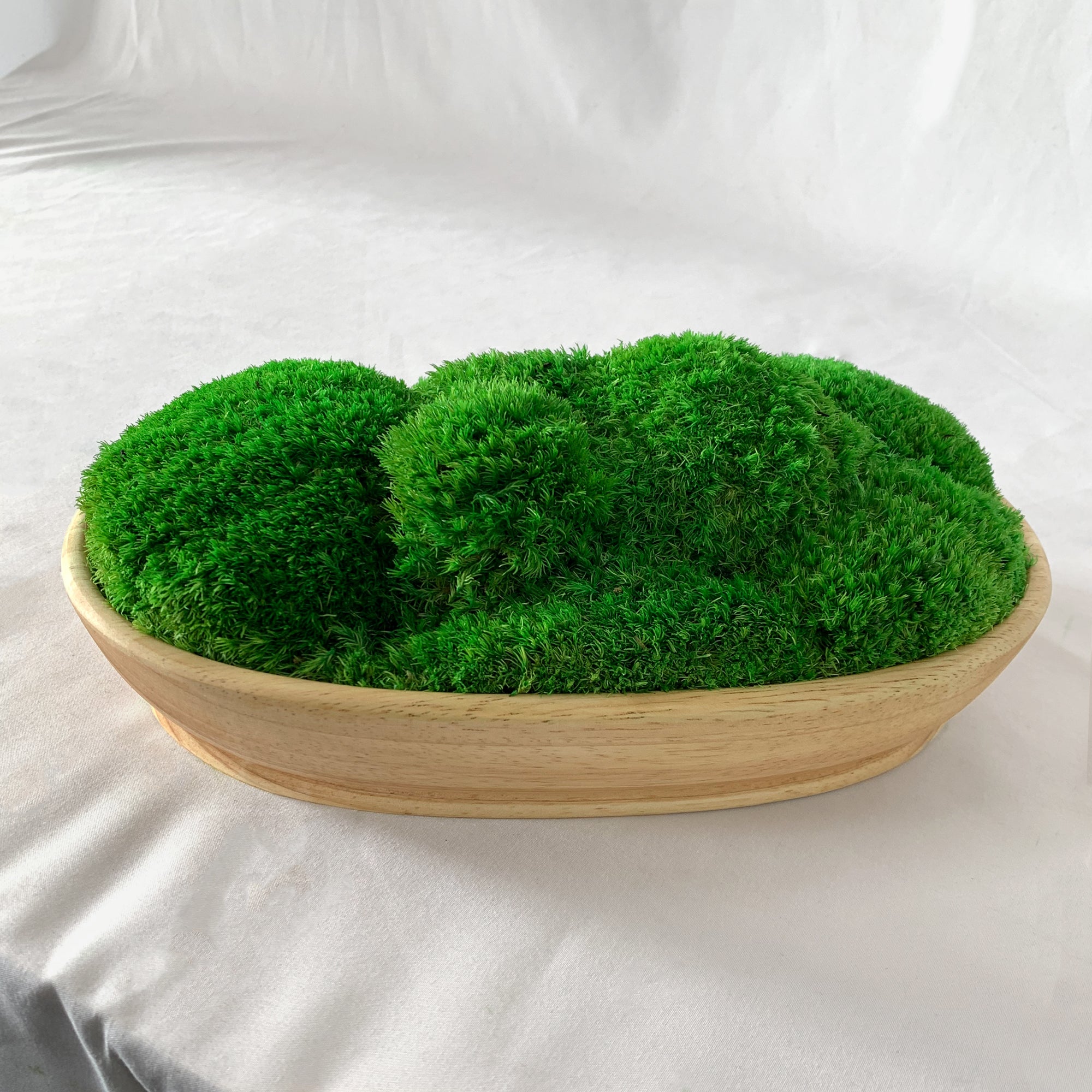 Boat-shaped wooden moss bowl showing depth and natural wood grain detail.