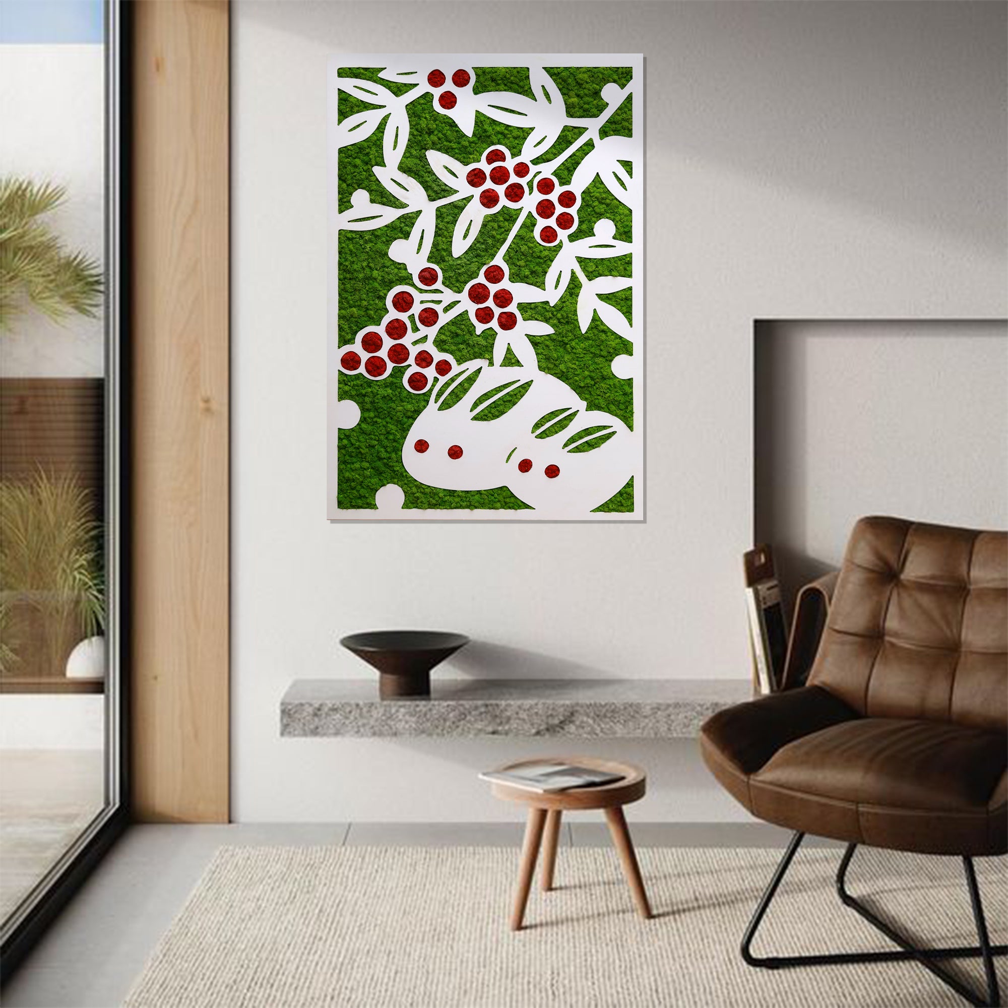 Japanese Paper Cutting Art Bunny Moss Wall Art in a modern living room