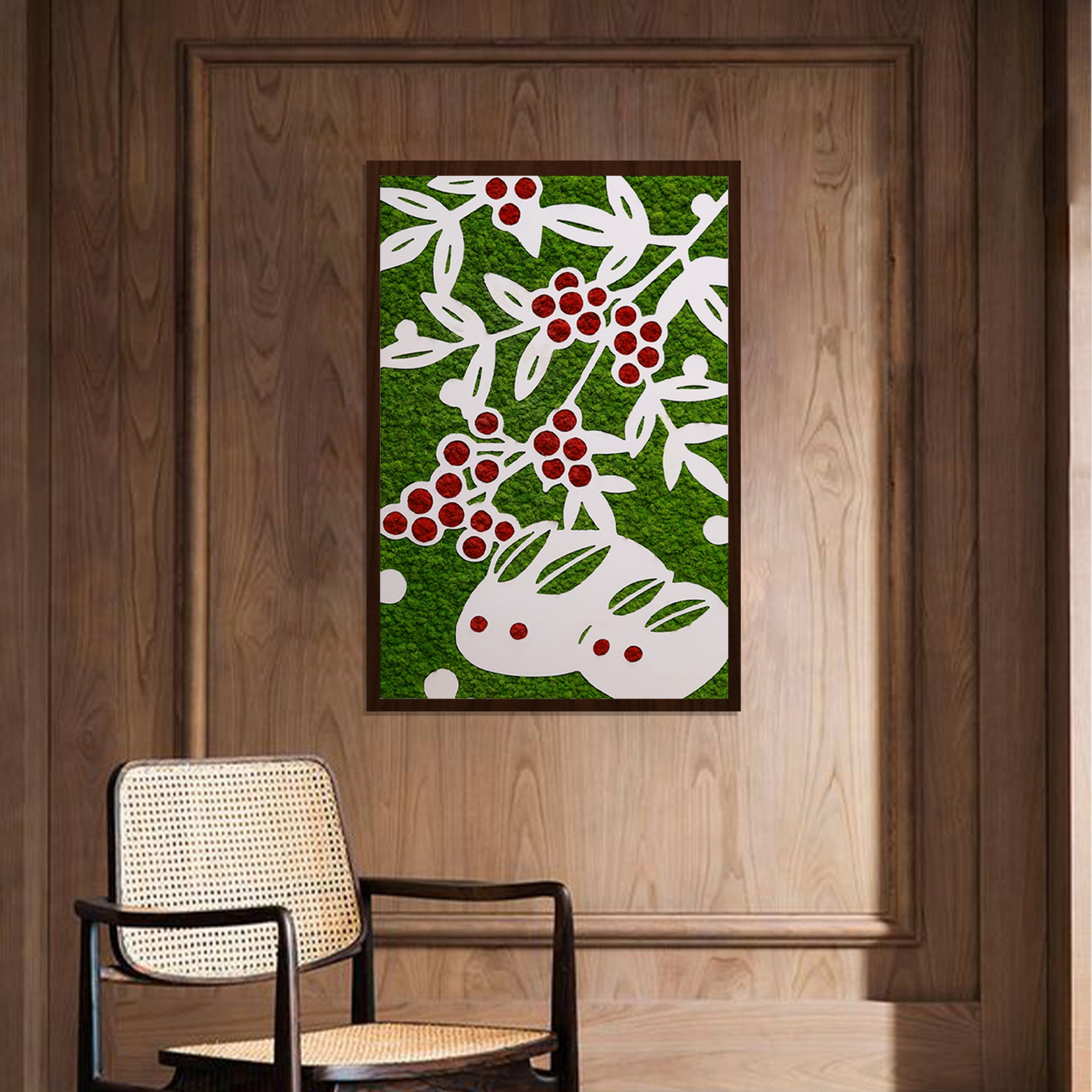 Japanese Paper Cutting Art Bunny Moss Wall Art adding cultural vibe to a luxury hotel