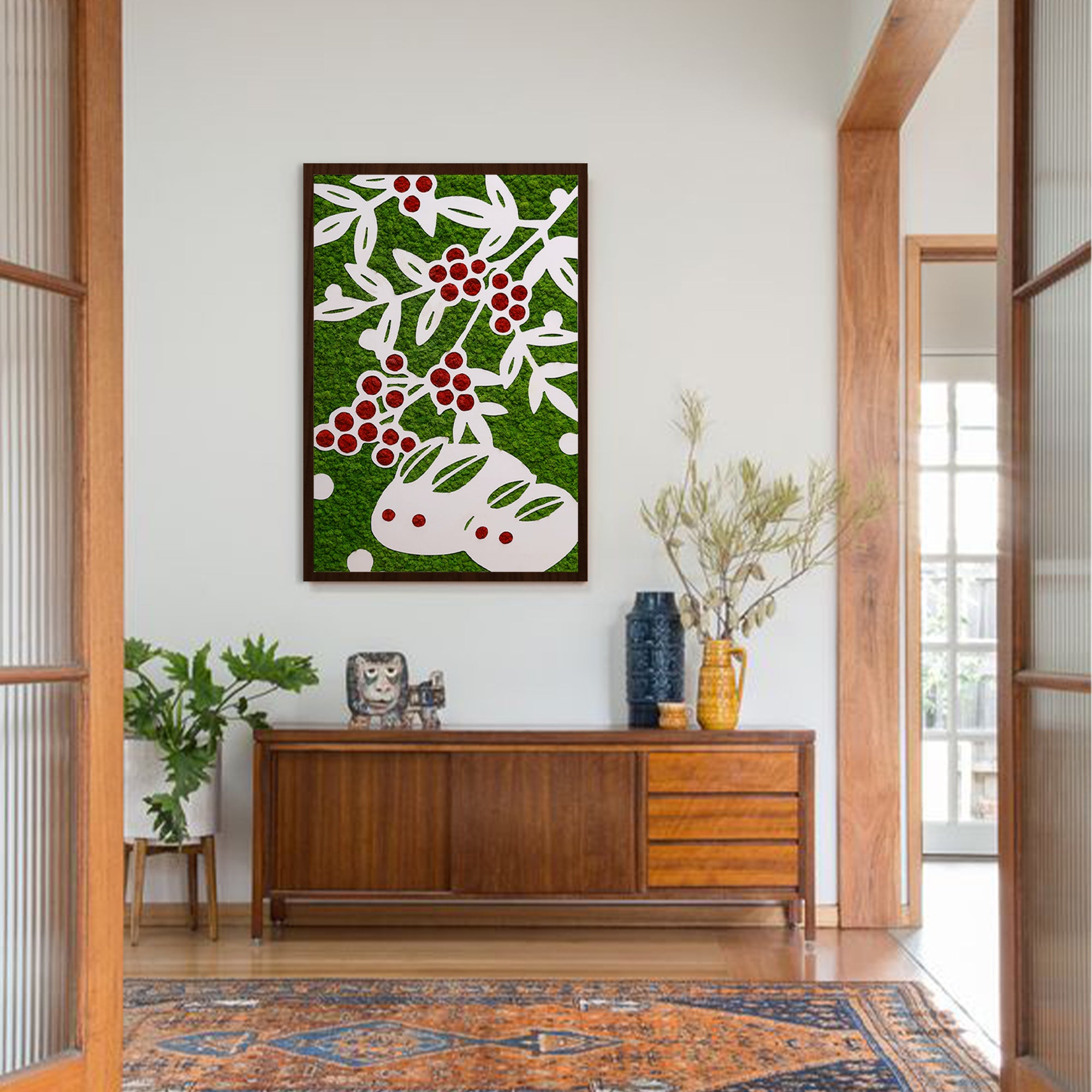 Japanese Paper Cutting Art Bunny Moss Wall Art looks vivid at a bright modern home