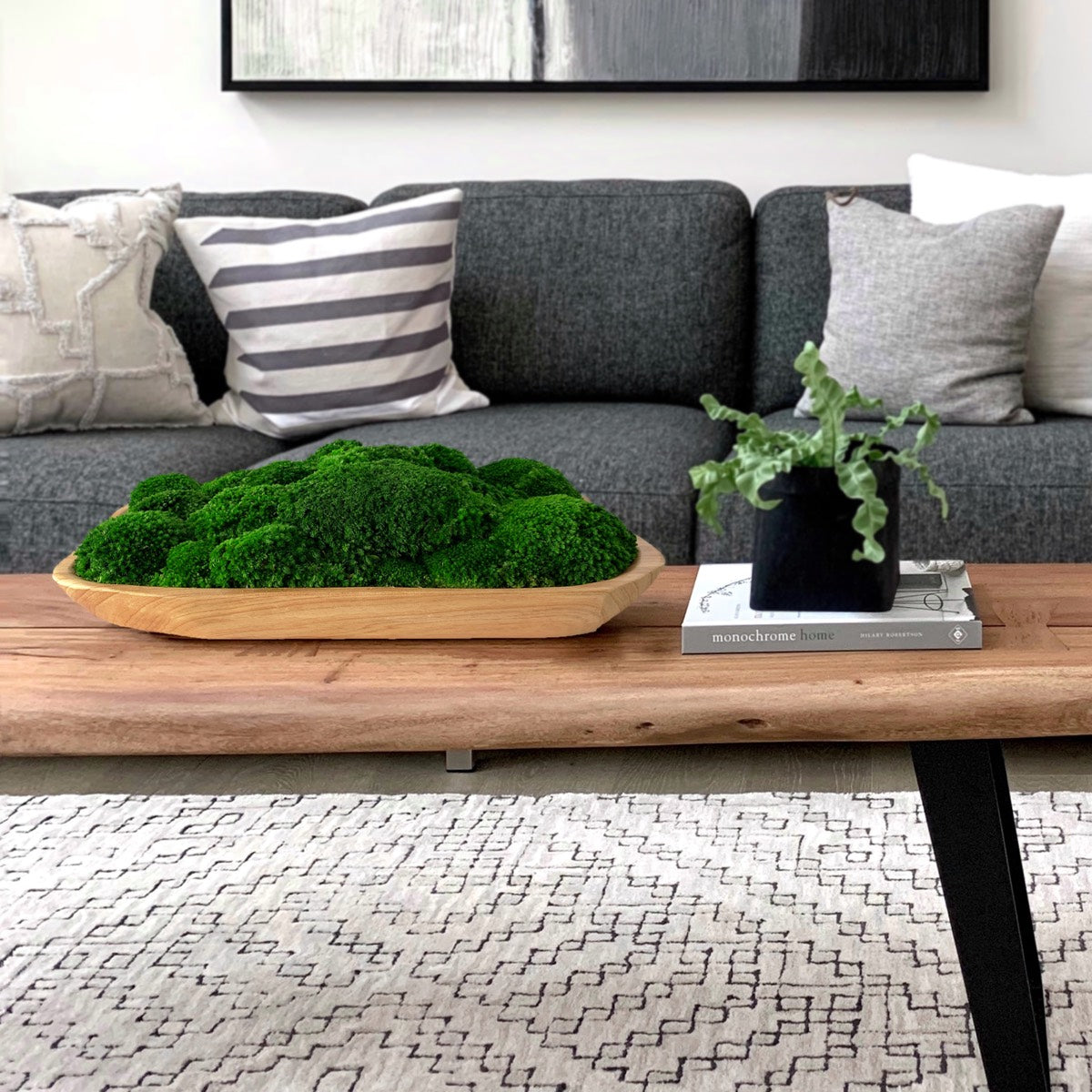 Large Live Edge Natural Wooden Moss Bowl showcased on a wooden table, adding a touch of vibrant green and natural texture to a modern living room setting, complemented by neutral tones and minimalist decor.