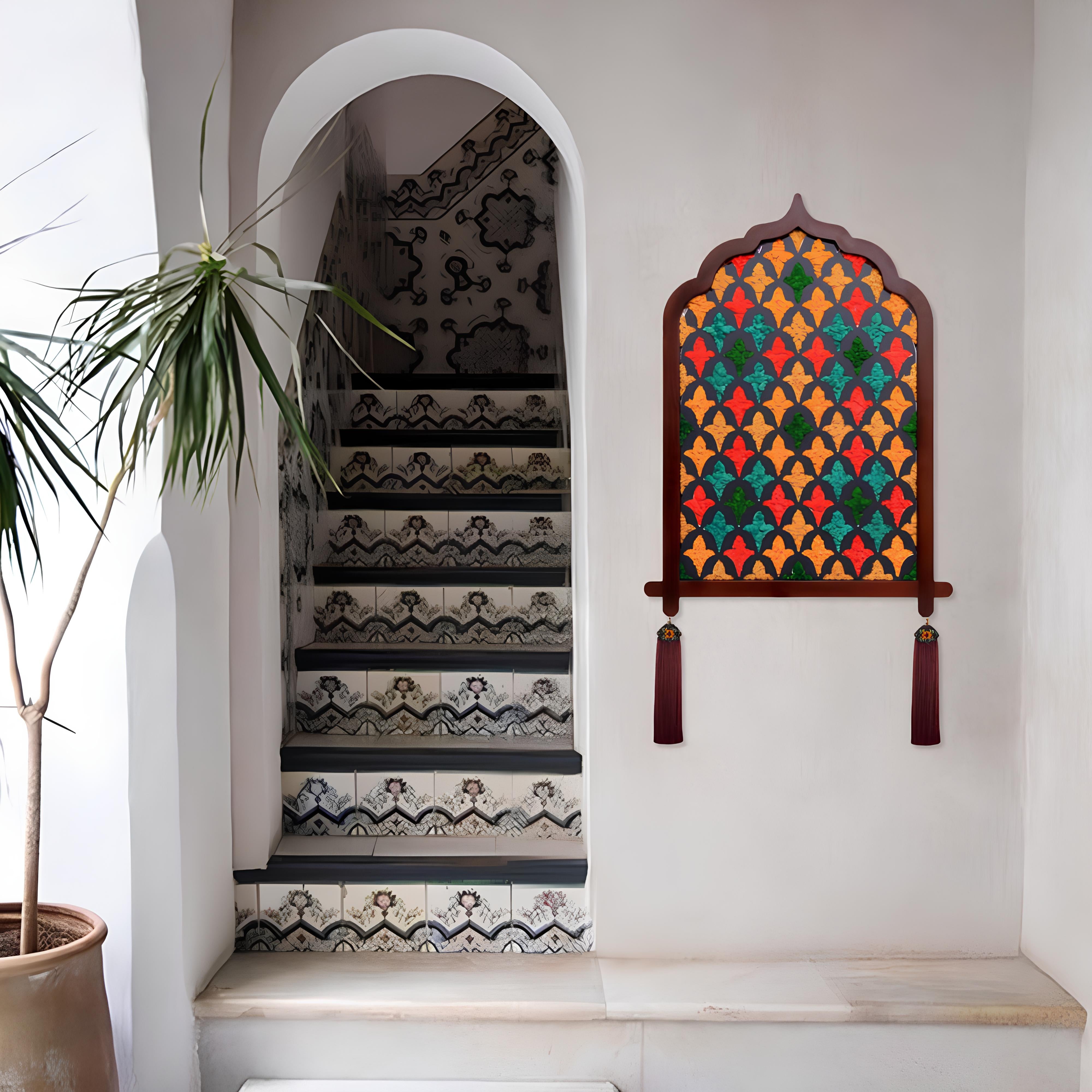 Ogee Shaped Jewel Tone Moroccan Moss Wall Art in a vacation house staircase setting