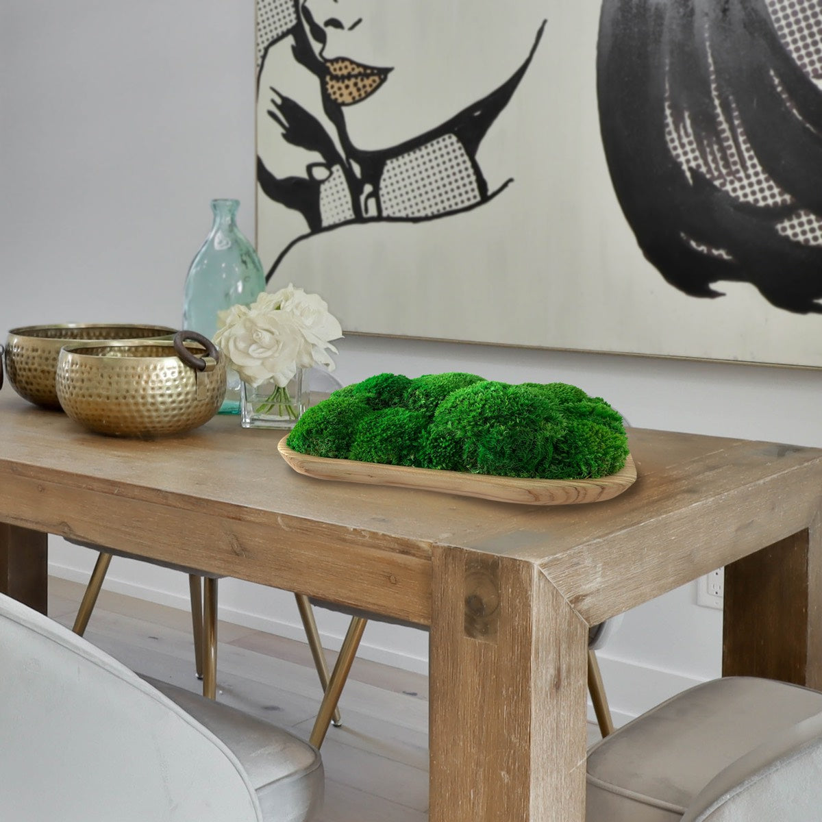 Medium live edge wooden moss bowl on a rustic table, enhancing decor with lush green texture, minimalist artwork, and chic accessories.
