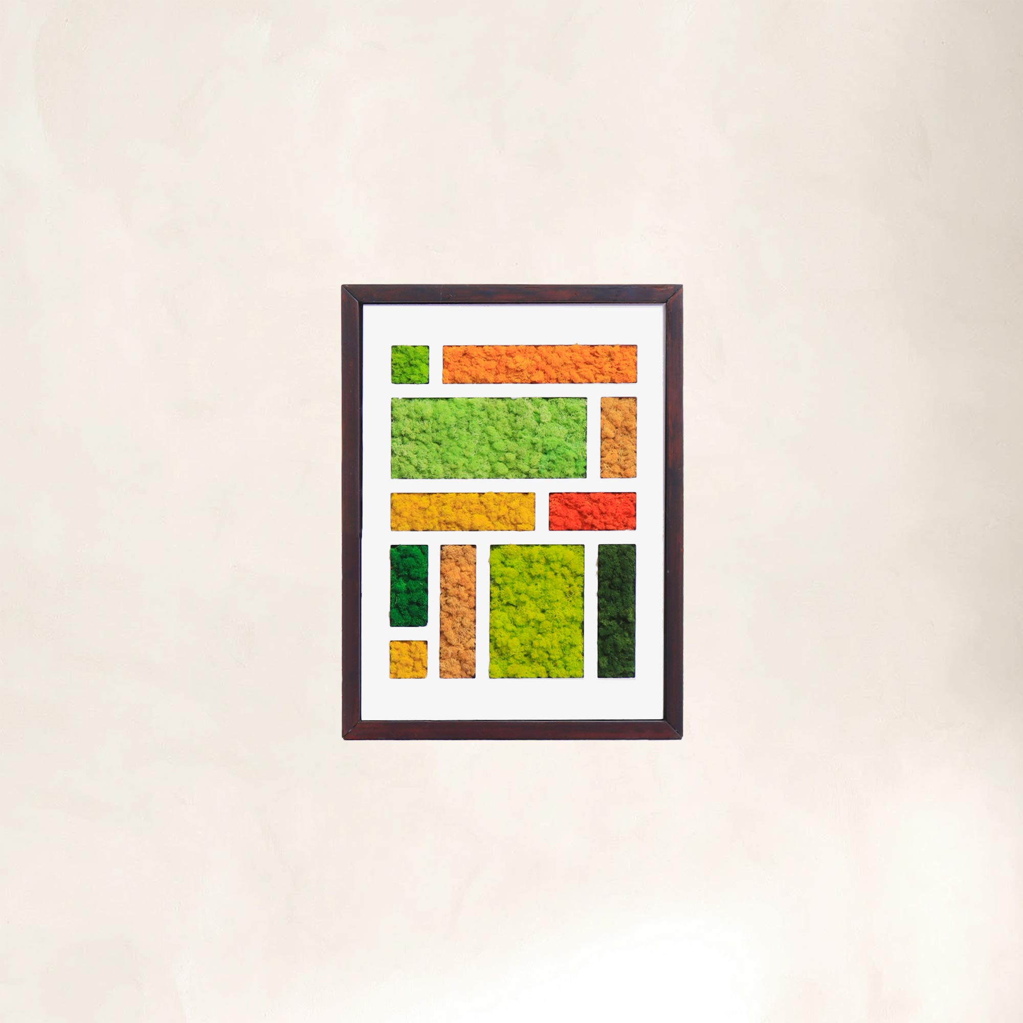 Mondrian-Inspired Reindeer Moss Art Warm Tones with dark walnut wood frame