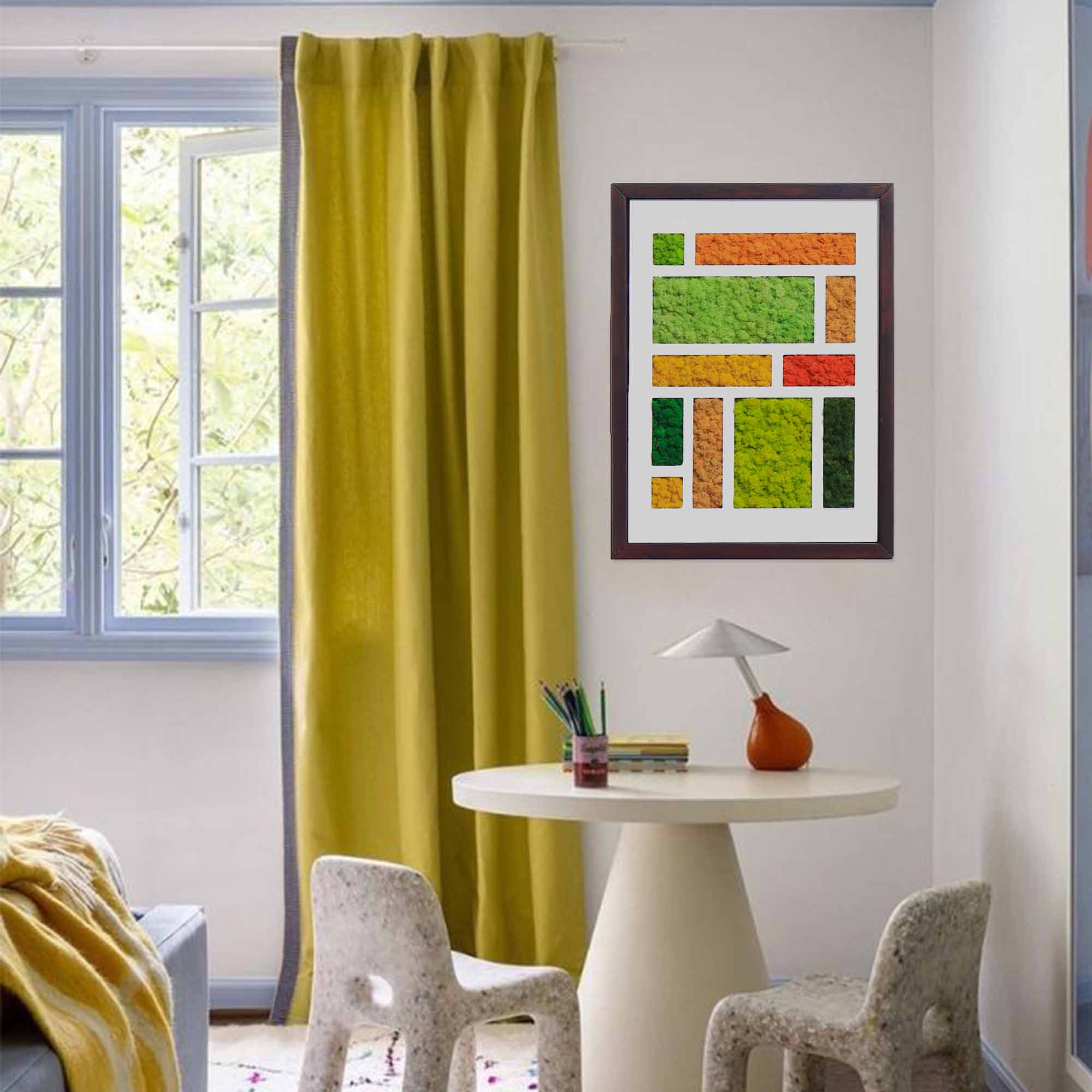 Mondrian-Inspired Warm Tones Reindeer Moss Art displayed in living area