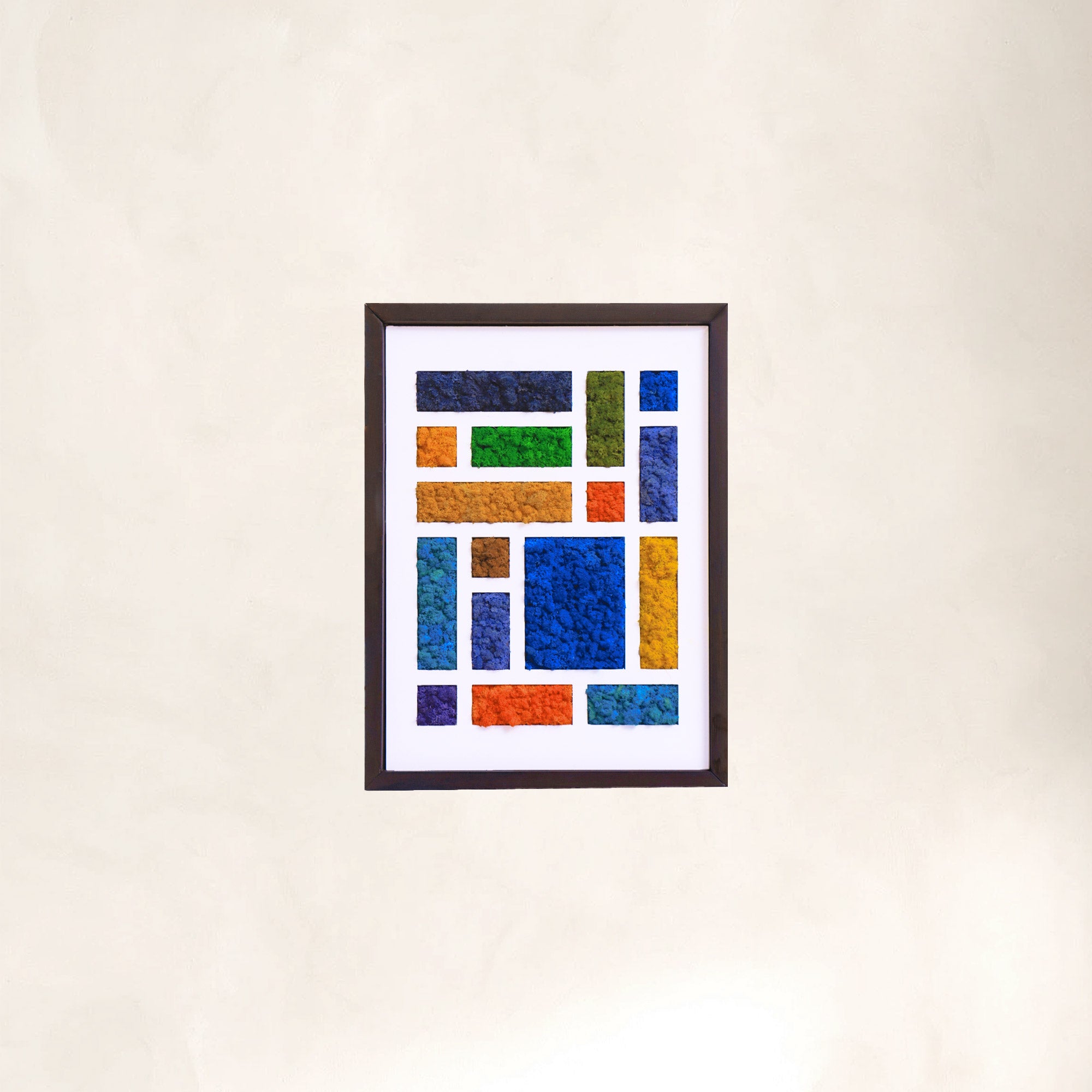 Mondrian-Inspired Reindeer Moss Art Cool Tones with dark walnut wood frame