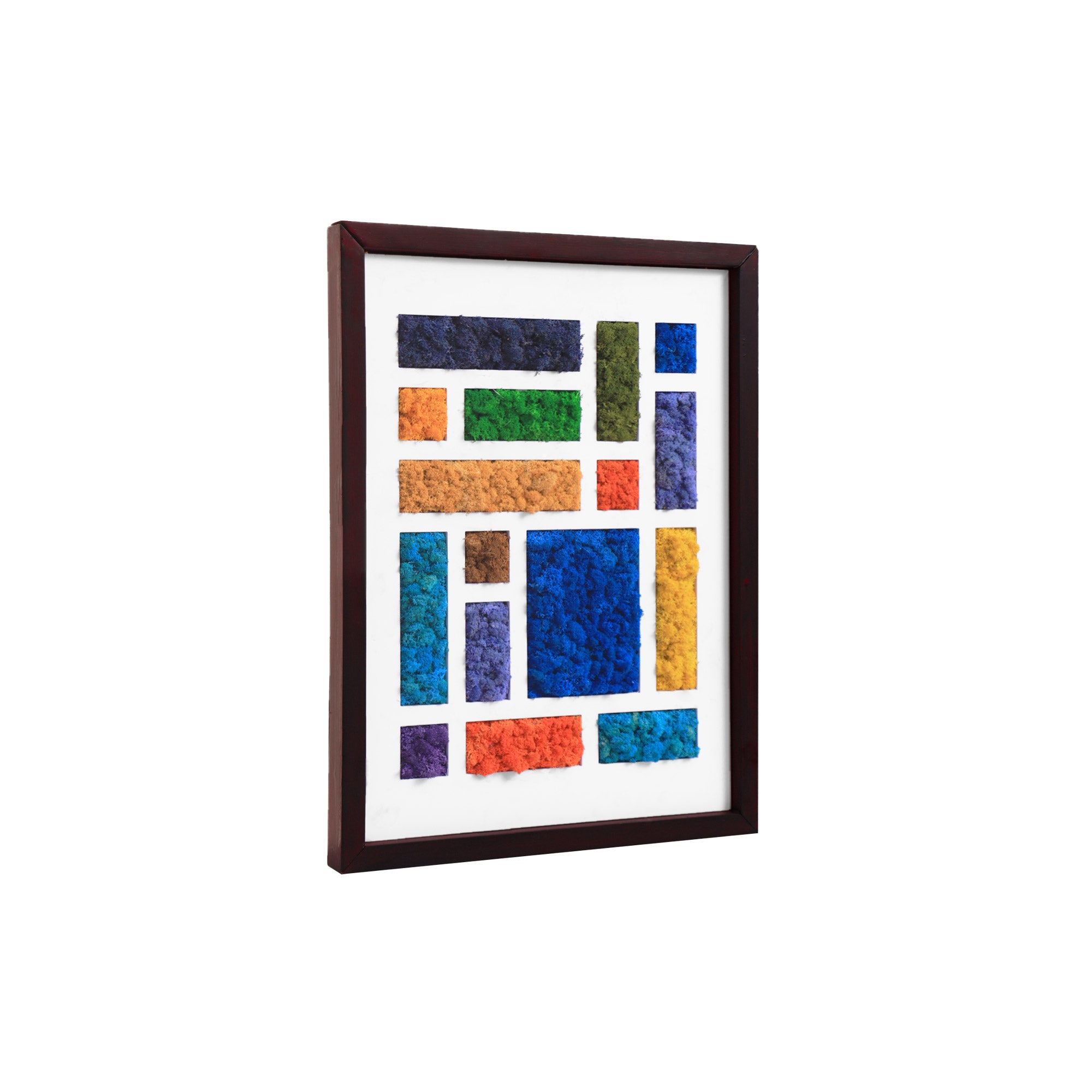 Side view of Mondrian-Inspired Cool Tones Reindeer Moss Art showcasing Dark Walnut Wood Frame