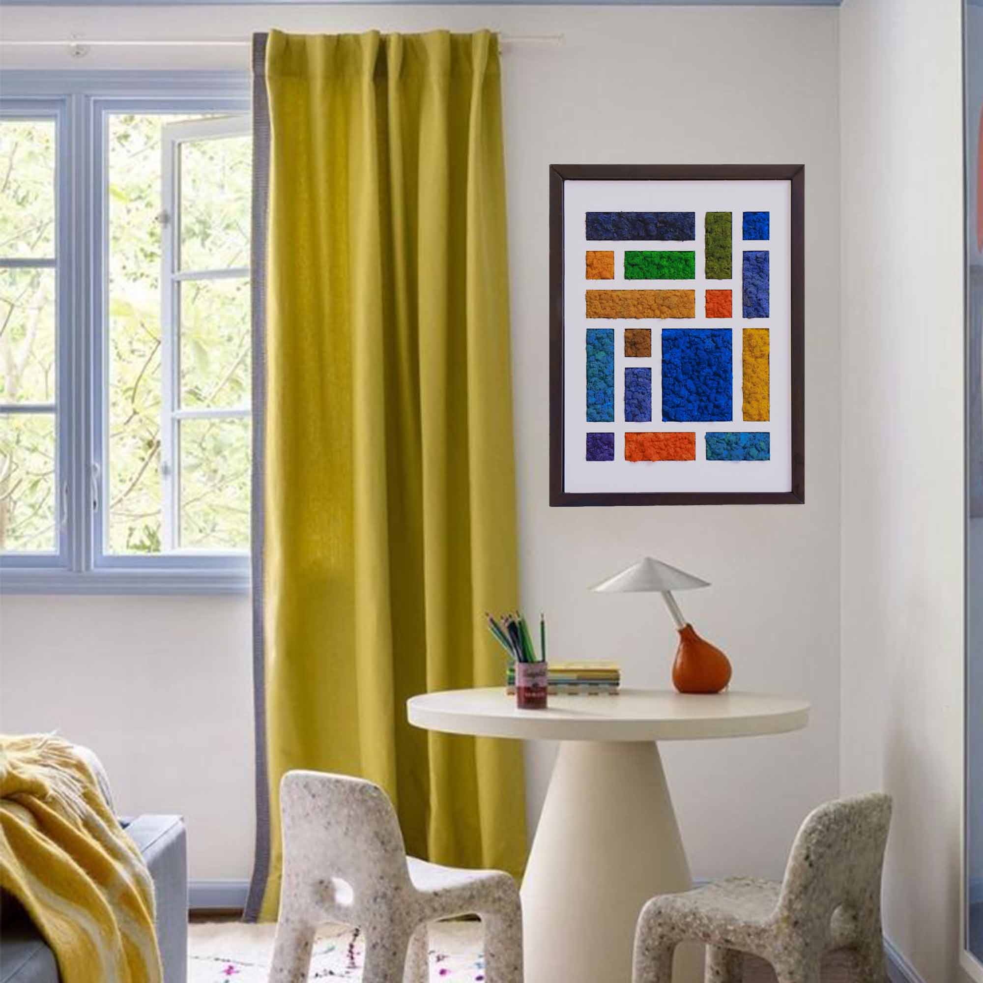 Mondrian-Inspired Cool Tones Reindeer Moss Art displayed in modern living room