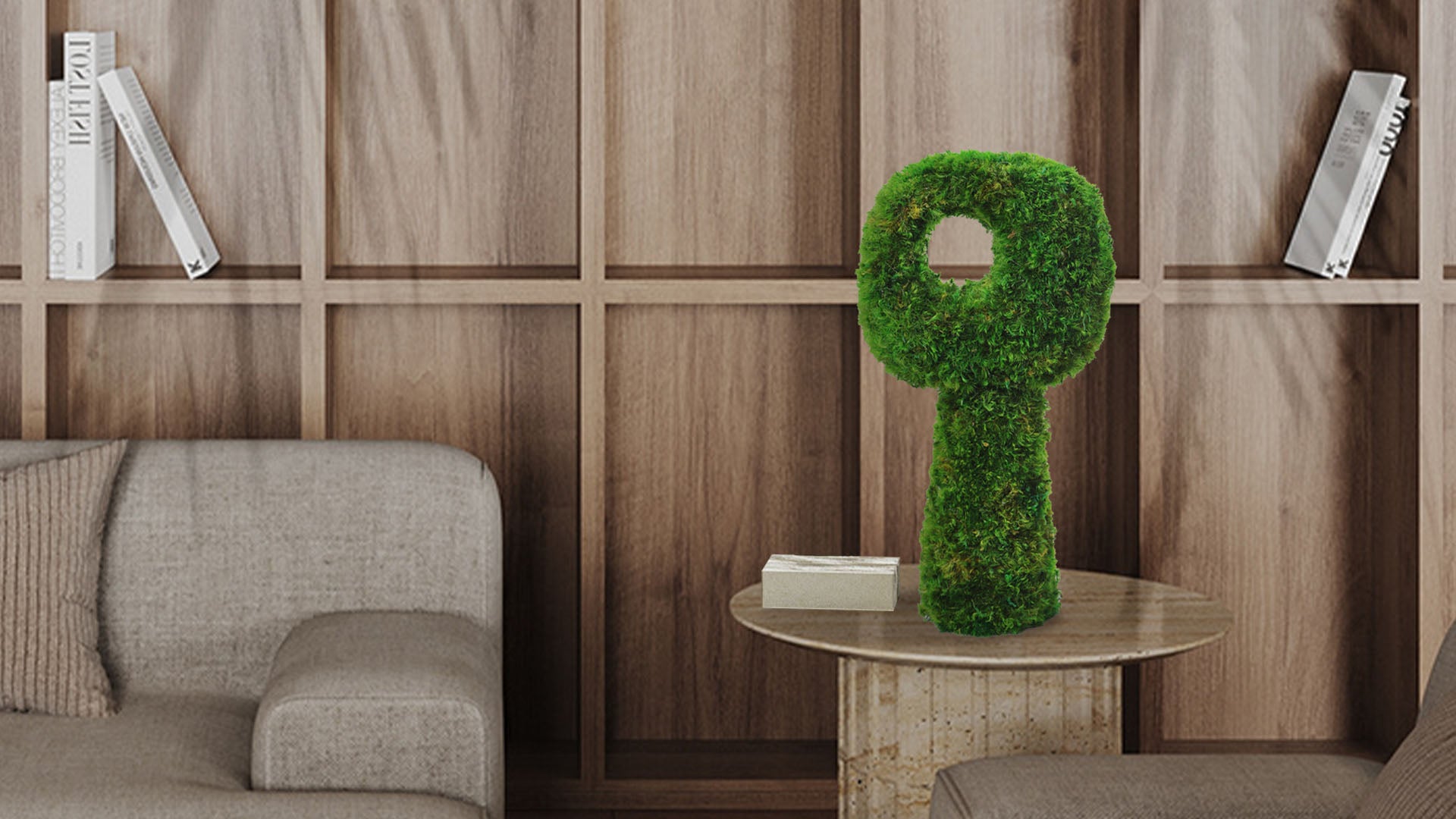 Majestic Warden Sculptural Moss Tabletop showcased beside modern wood shelving, blending preserved moss art with minimalist, natural interior design decor.
