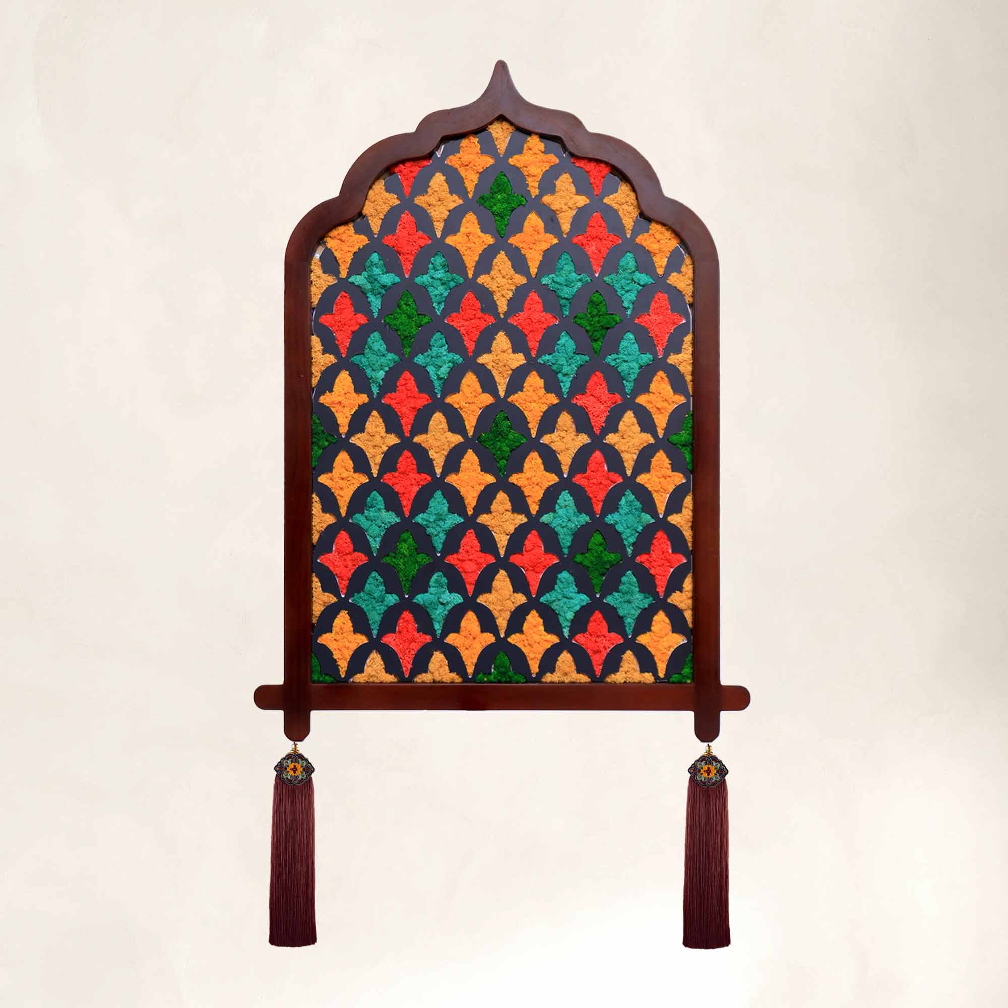 Jewel tone Moroccan moss wall art with dark walnut frame