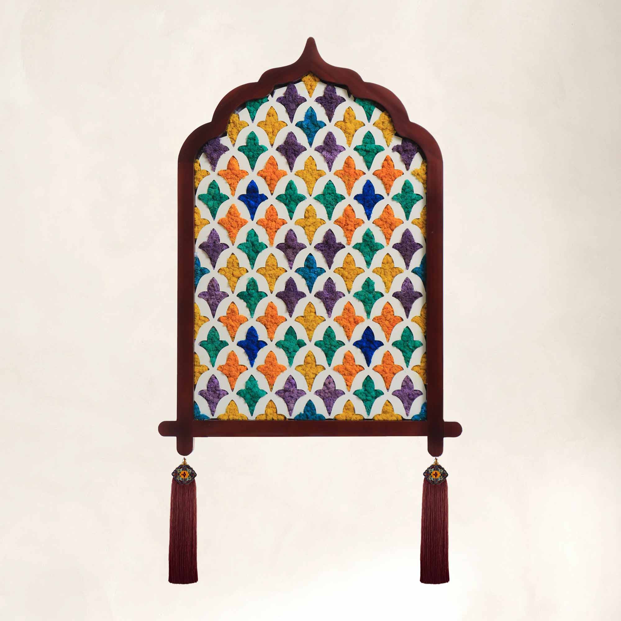 Ogee shaped Multicolor Moroccan Moss Wall Art with dark walnut frame