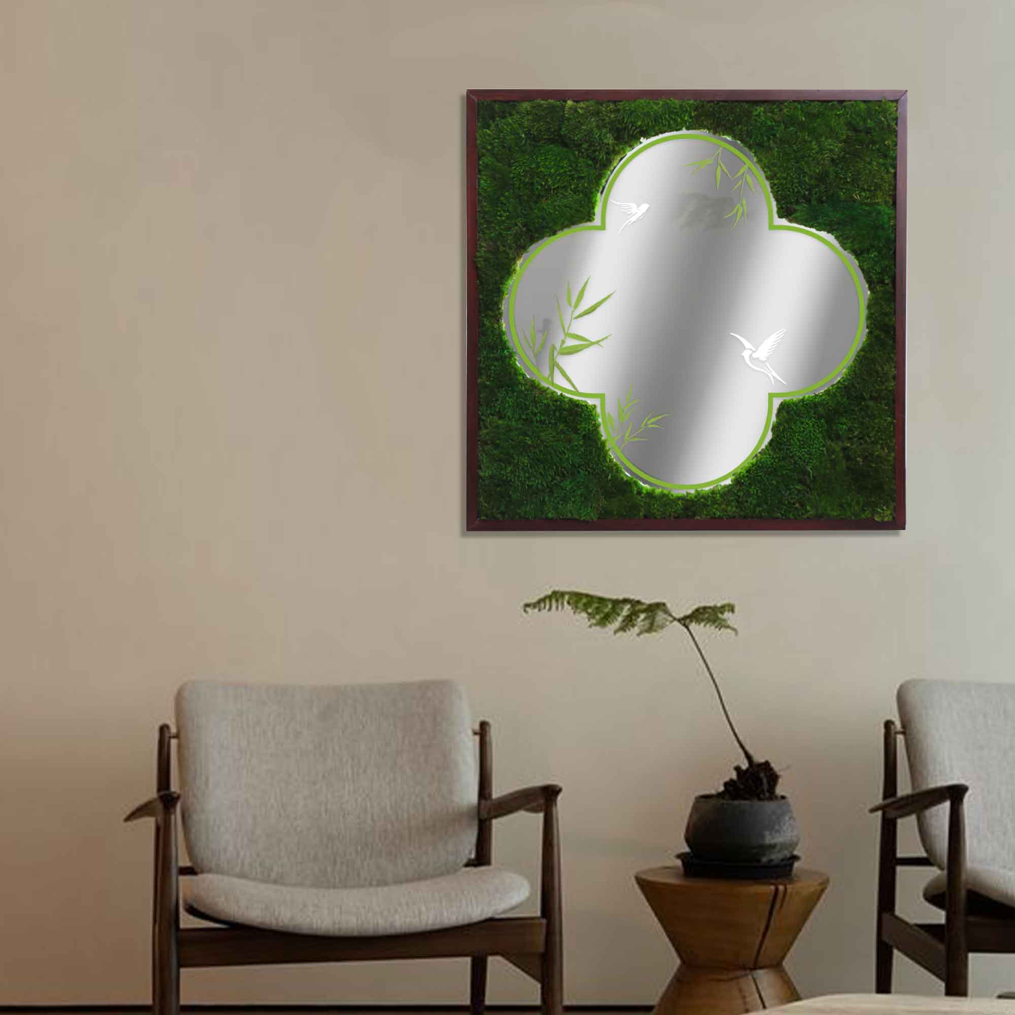 Plum Blossom Mirror Oriental Moss Wall Art displayed in an sitting area setting, enhancing the decor with natural beauty.