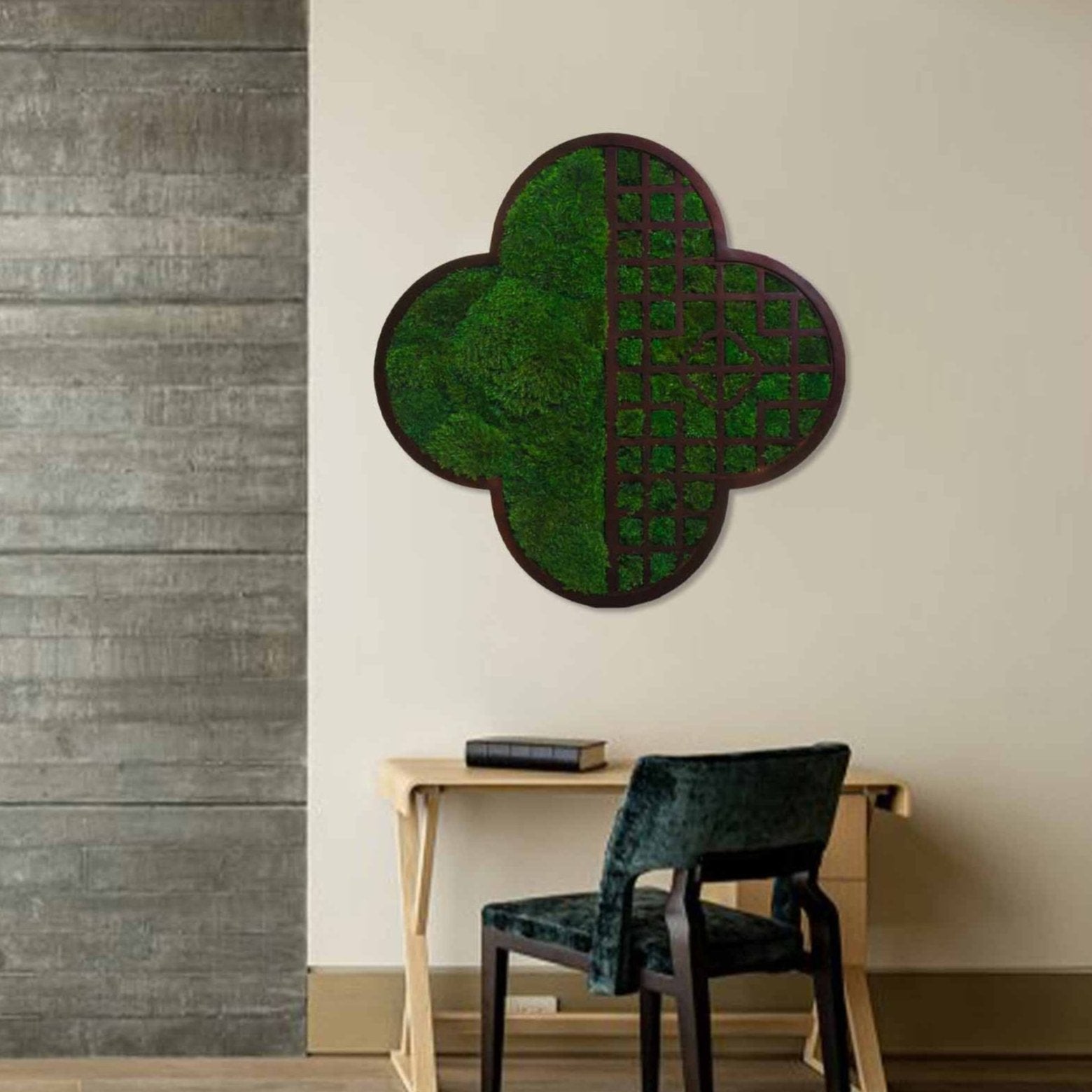 Plum Lattice Window Oriental Moss Wall Art displayed in an elegant  office, enhancing the decor with natural beauty.