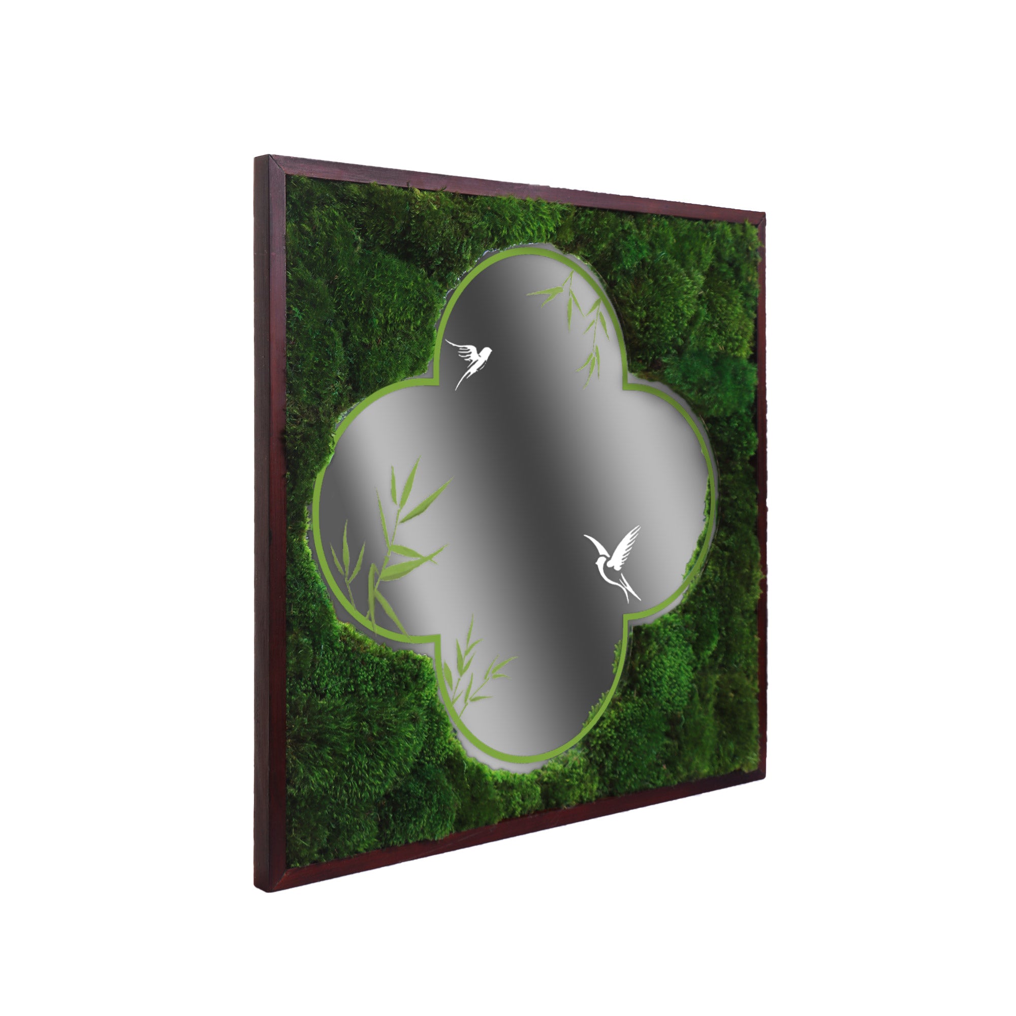 Side profile of Plum Blossom Mirror Oriental Moss Wall Art, showing the intricate details of the dark walnut frame.