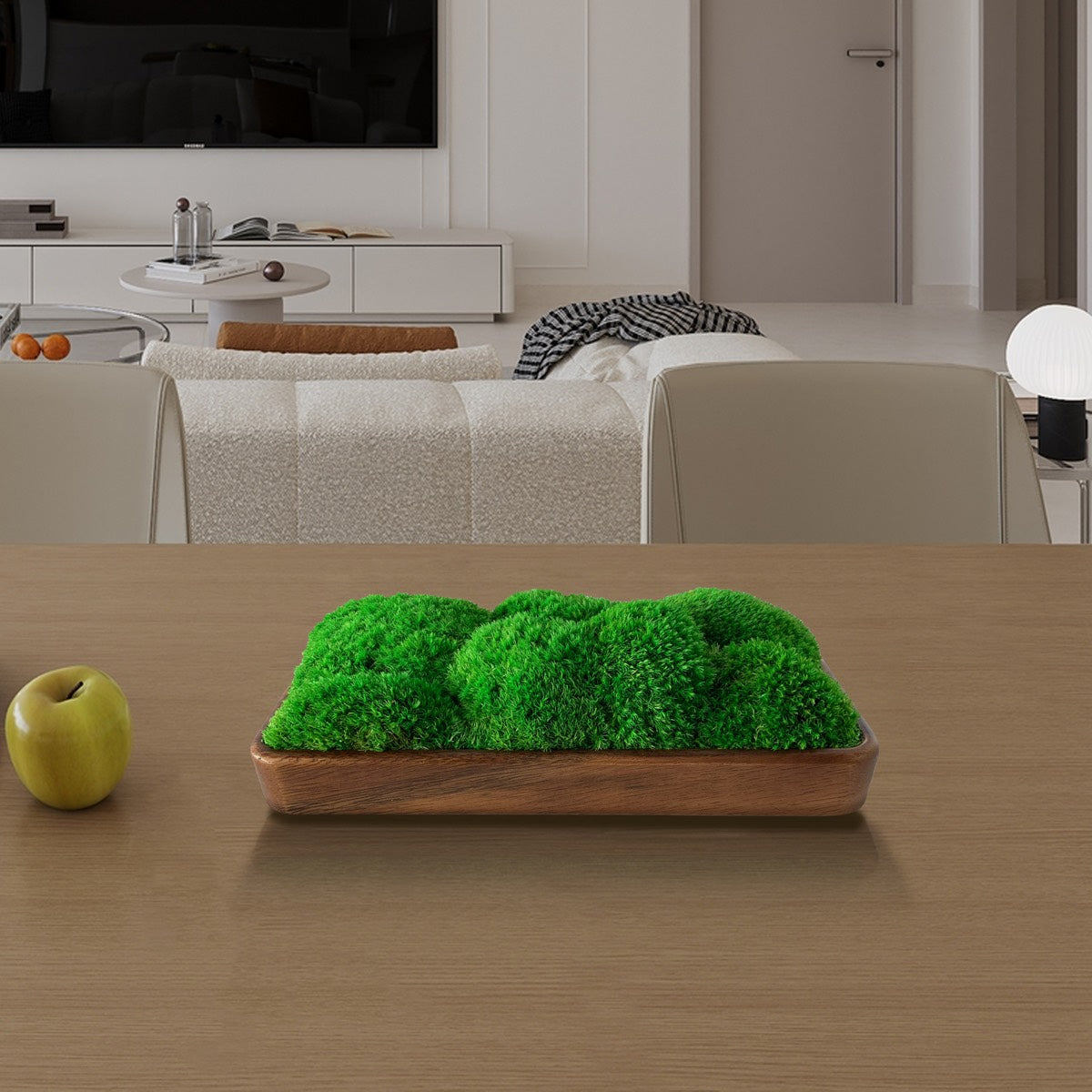 Rectangular Bun Moss Bowl in large size, elegantly displayed in a modern interior with lush green moss.