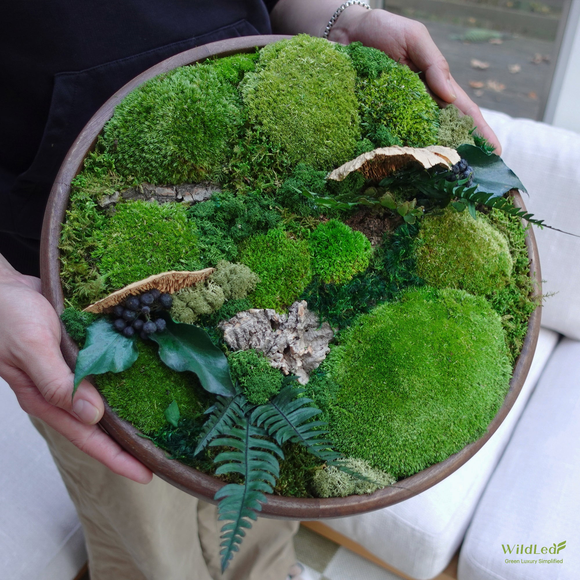 Hands holding Round Wood Centerpiece with Moss, showcasing preserved moss for eco-friendly decor in home or office settings.
