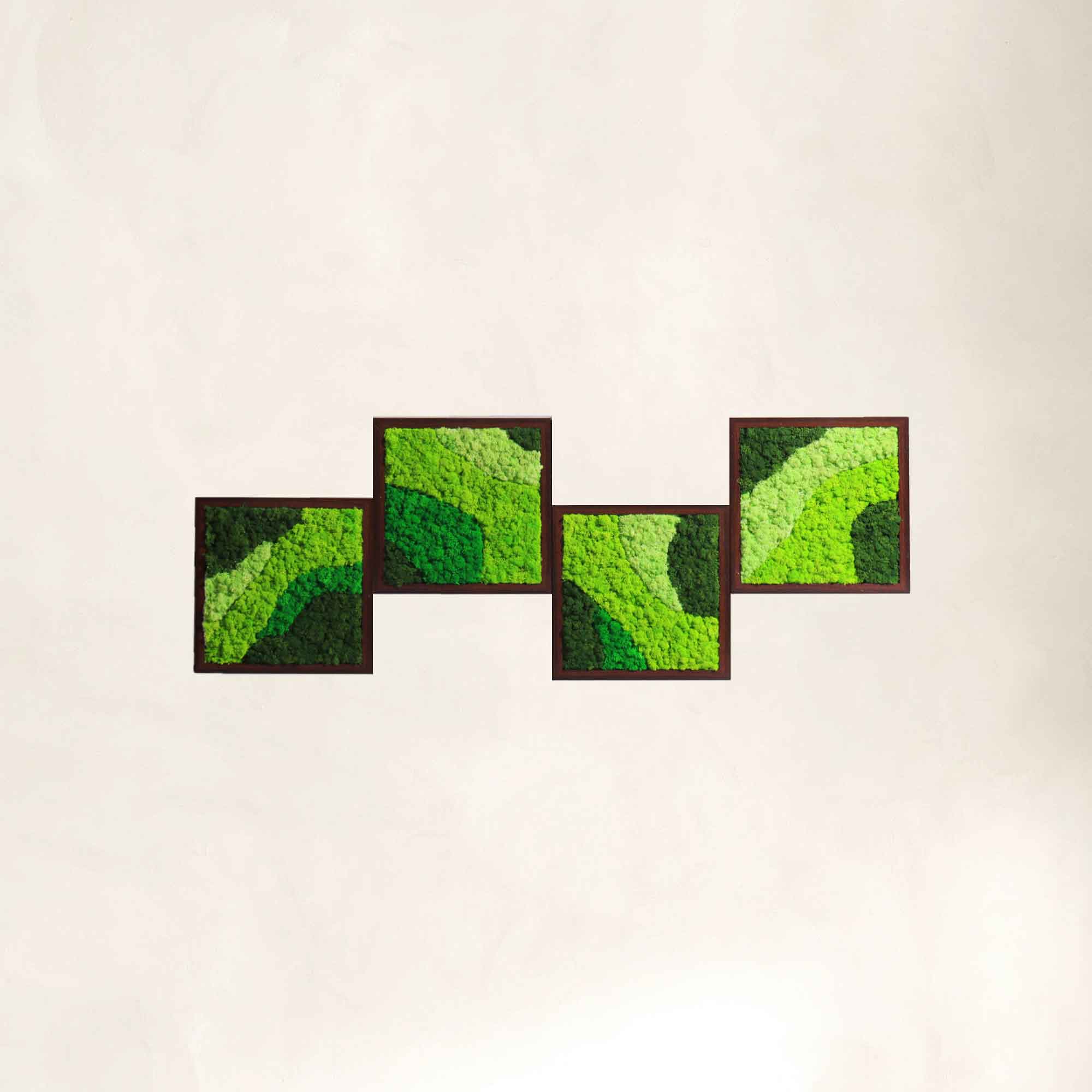 Square moss wall art set with streamlined preserved moss in varying green shades