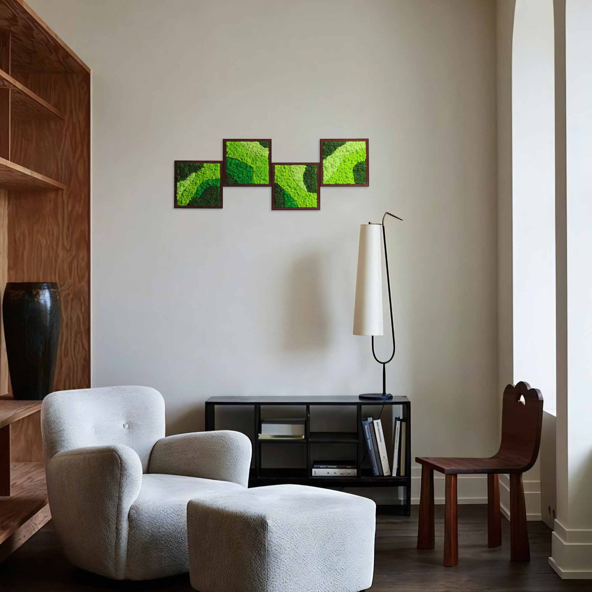 Streamlined square moss art set displayed in cozy reading nook
