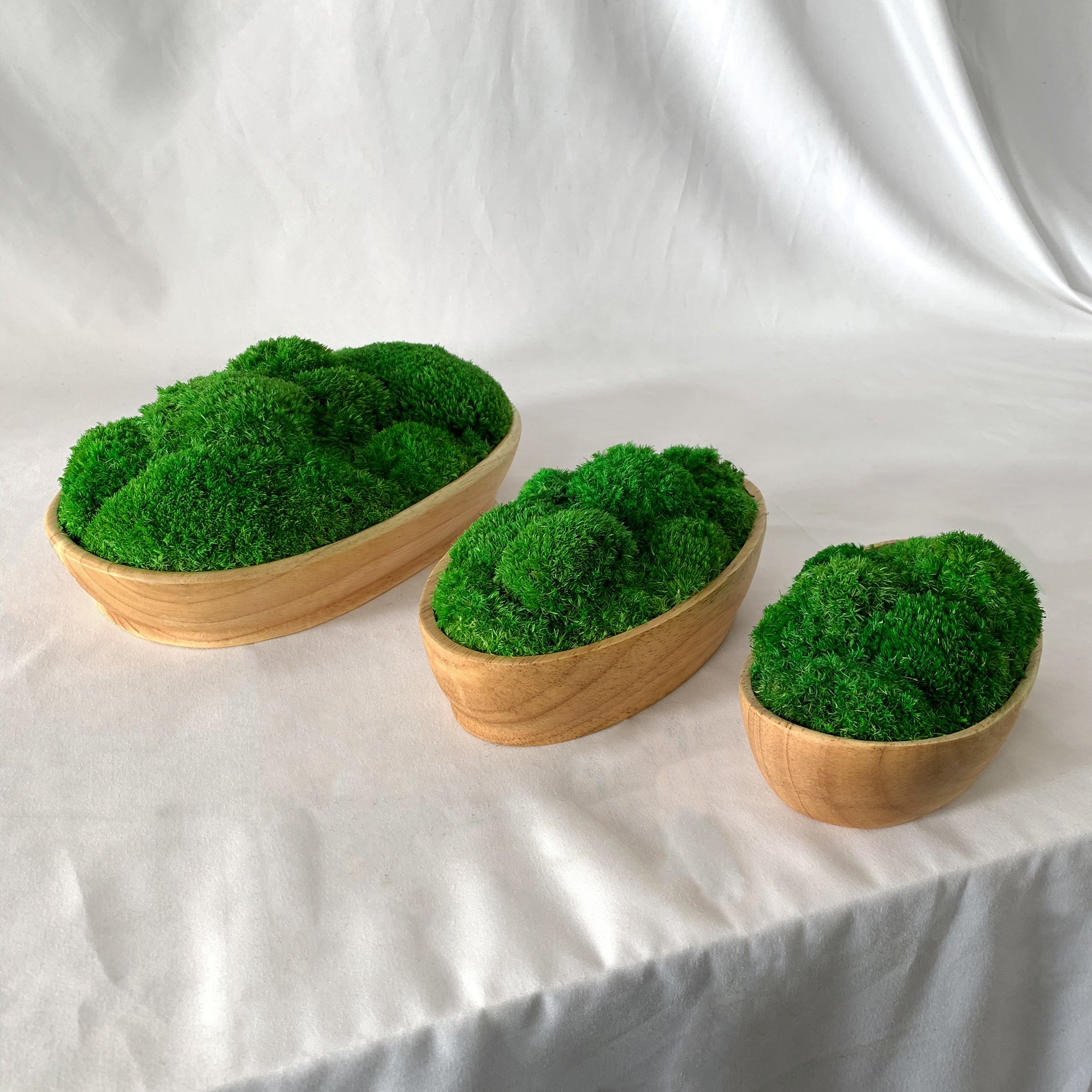 Side view of three oval moss bowls showing size difference. 