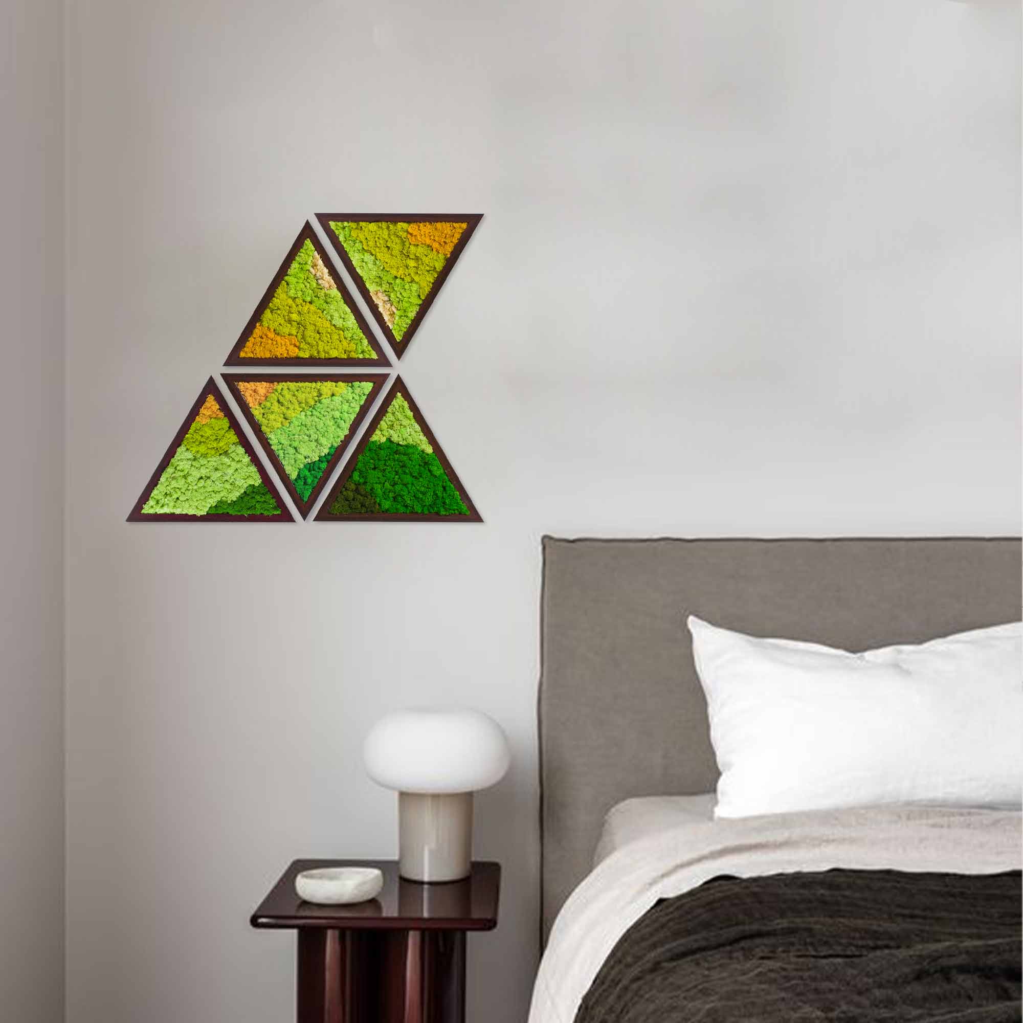 Triangle moss art set displayed in a calm bedroom.