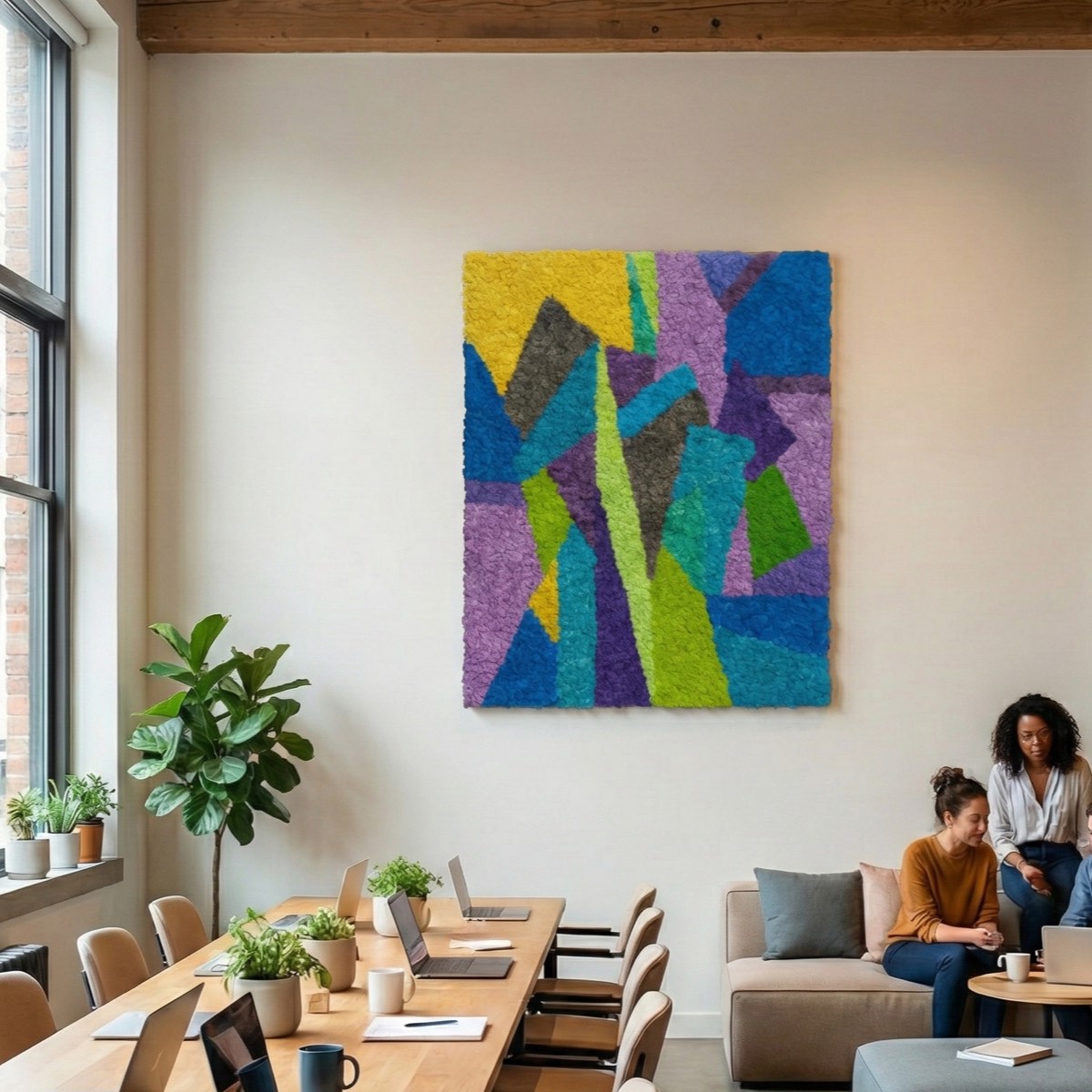Abstract modern reindeer moss wall art with bold geometric color blocks displayed in a contemporary office lounge, adding vibrant biophilic design to the workspace.