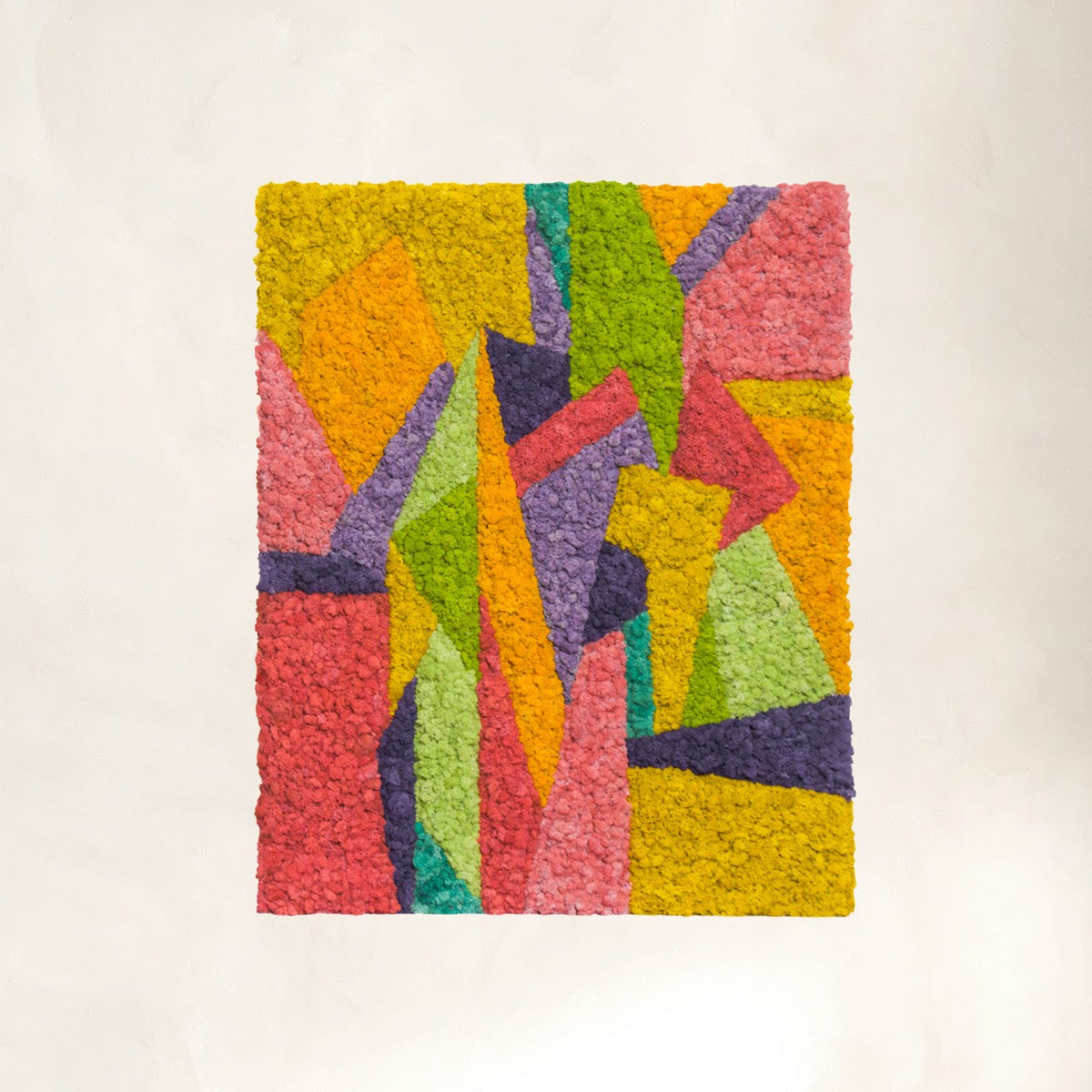 Front view of abstract modern reindeer moss wall art with warm color palette, showcasing textured preserved moss in bold geometric composition.