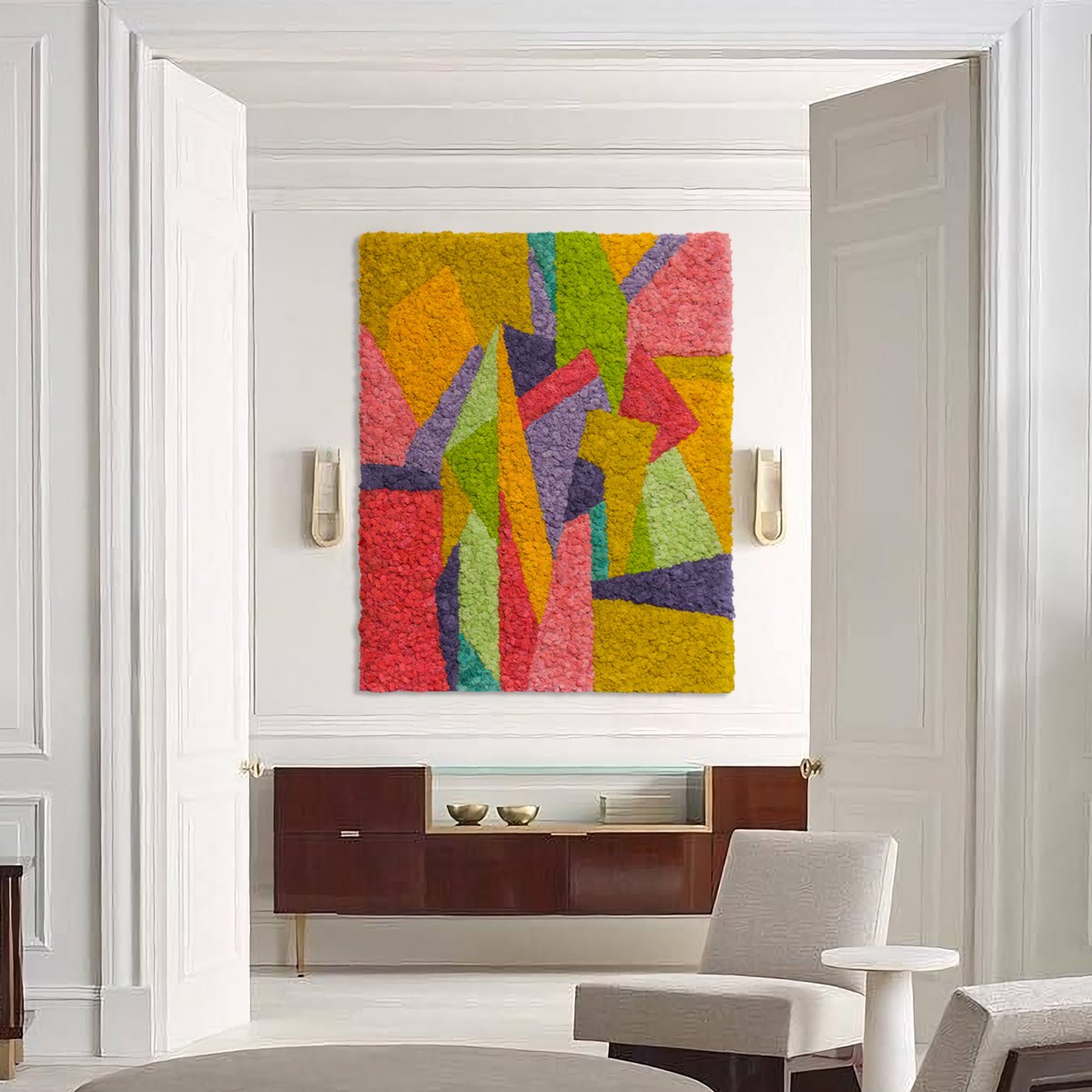 Abstract modern reindeer moss wall art in warm tones displayed as a statement piece in a refined architectural interior