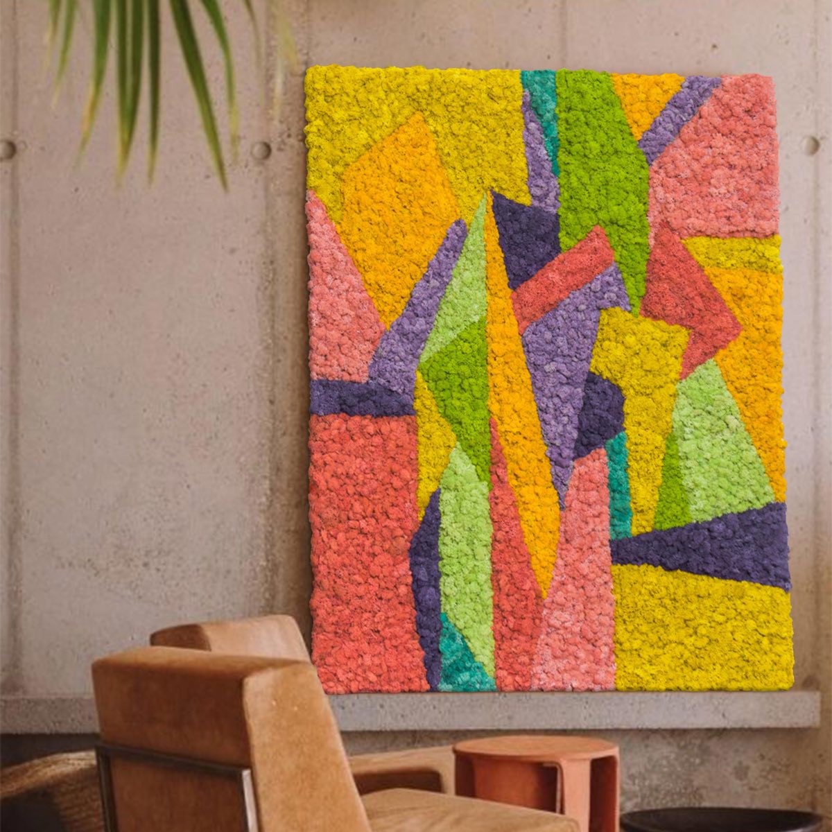 Abstract modern reindeer moss wall art in warm color tones displayed in a contemporary interior setting