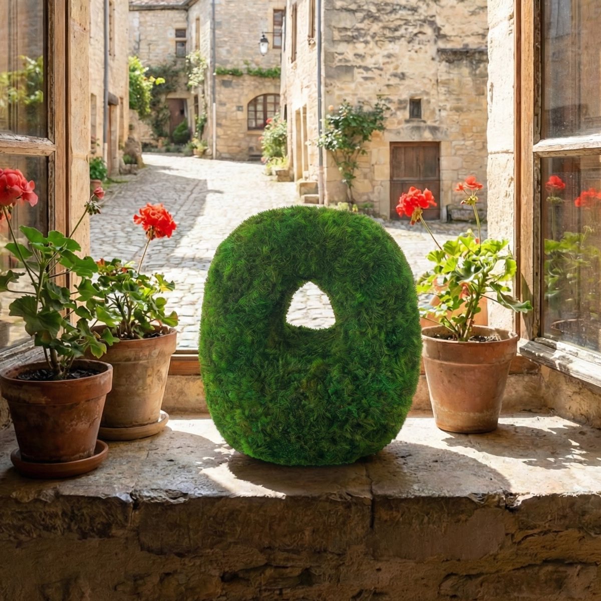 Arched Alcove sculptural moss tabletop made of preserved green moss, styled on a stone windowsill with natural light and surrounding plants