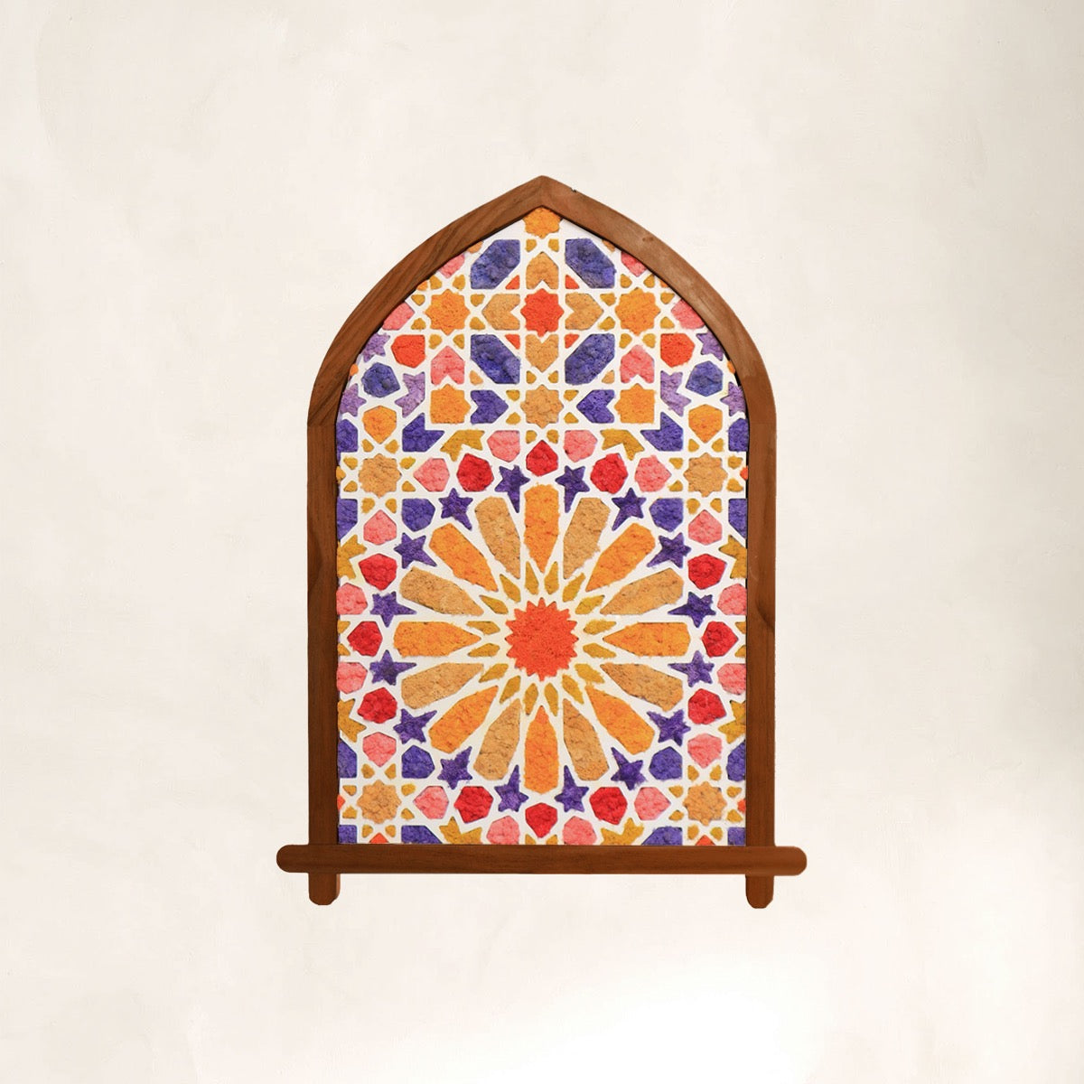 Front view of arched Moroccan moss wall art with yellow and purple preserved moss mosaic design.