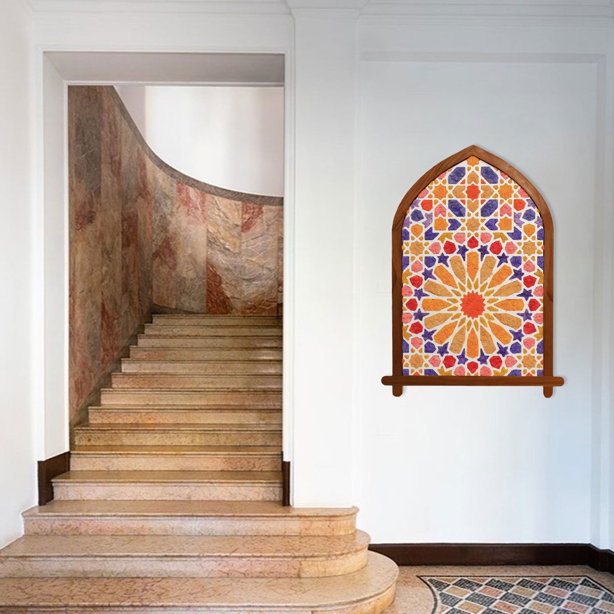 Arched yellow and purple Moroccan moss wall art displayed on a white wall beside a staircase in a modern interior.