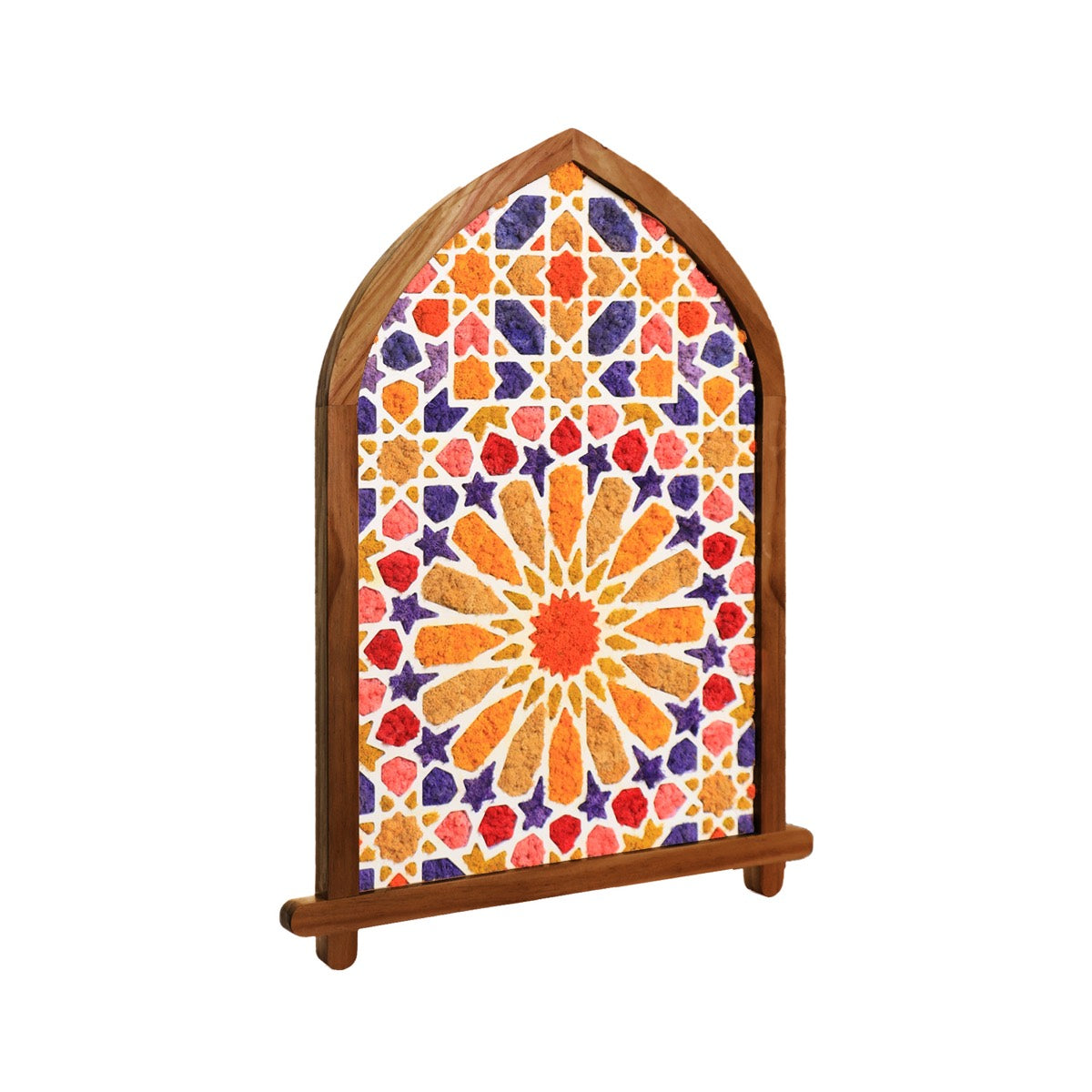 Arched Moroccan moss wall art featuring yellow and purple geometric patterns in a wooden frame.