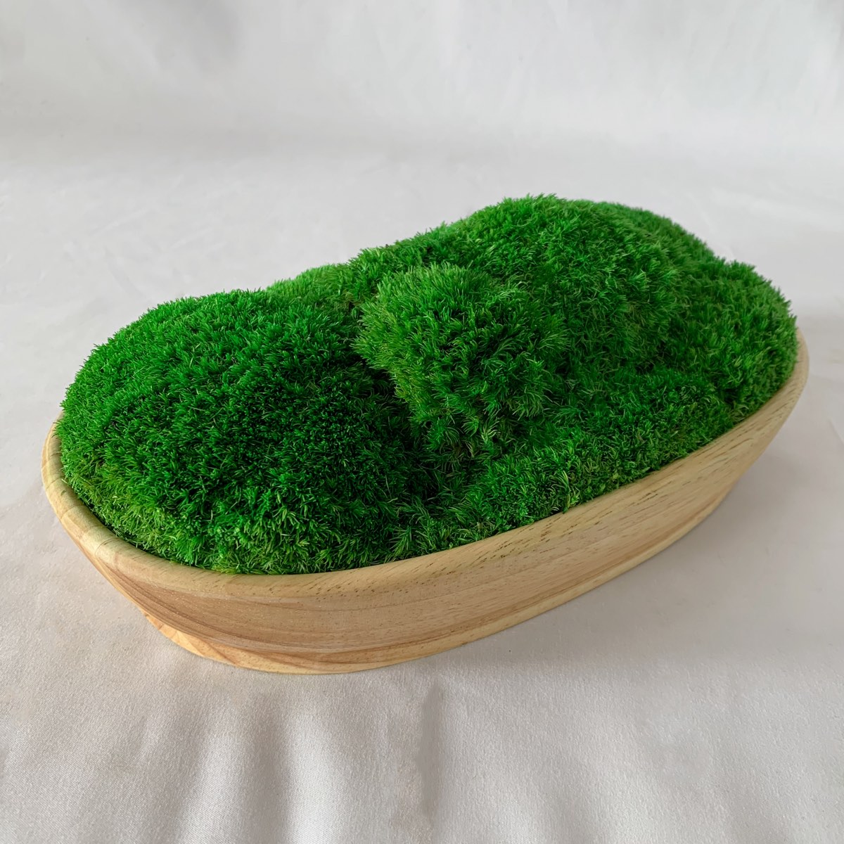 Boat shape wood moss bowl, handcrafted wooden containers filled with preserved green moss for natural home decor.