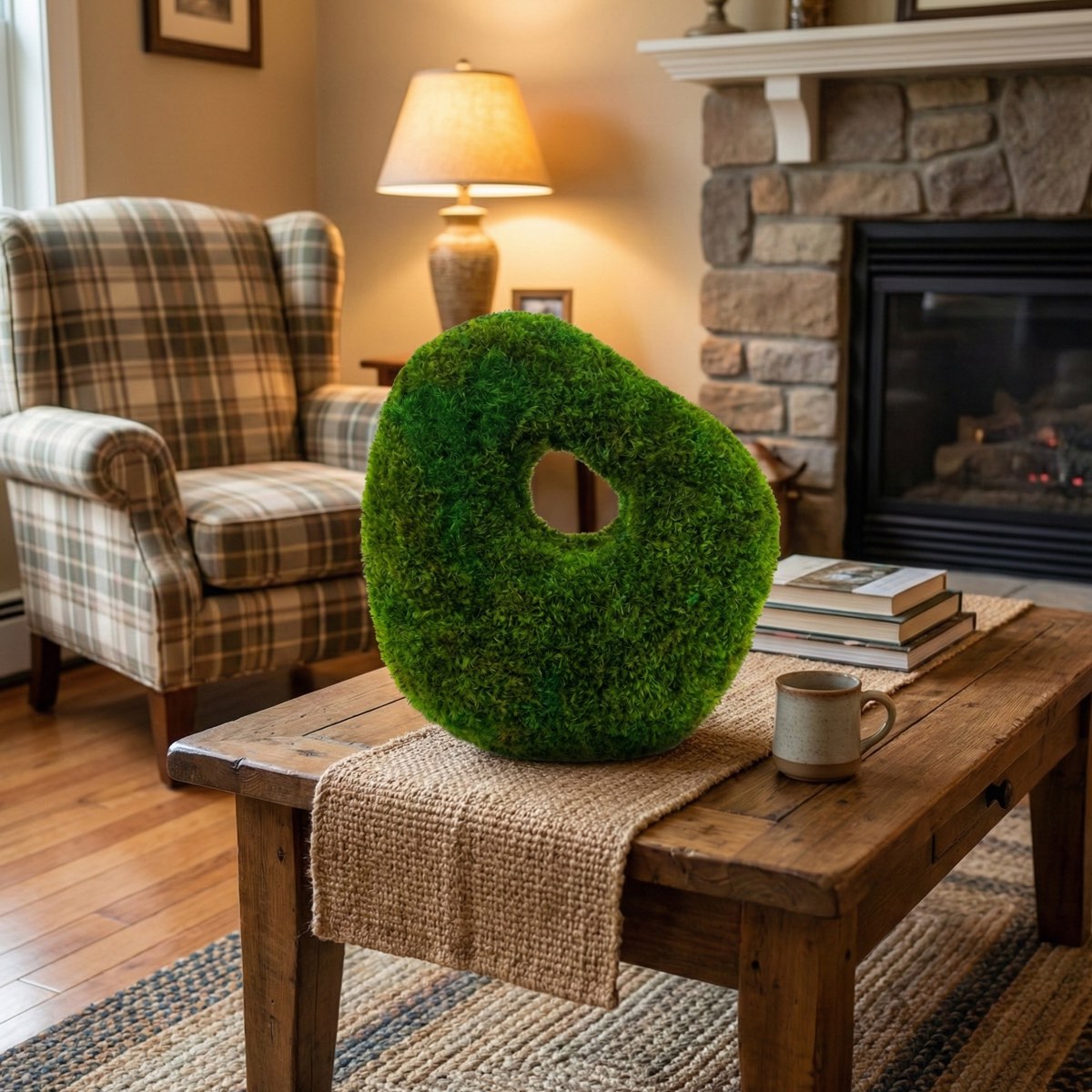 Cavern Whispers sculptural moss tabletop displayed on a wooden coffee table in a warm living room setting
