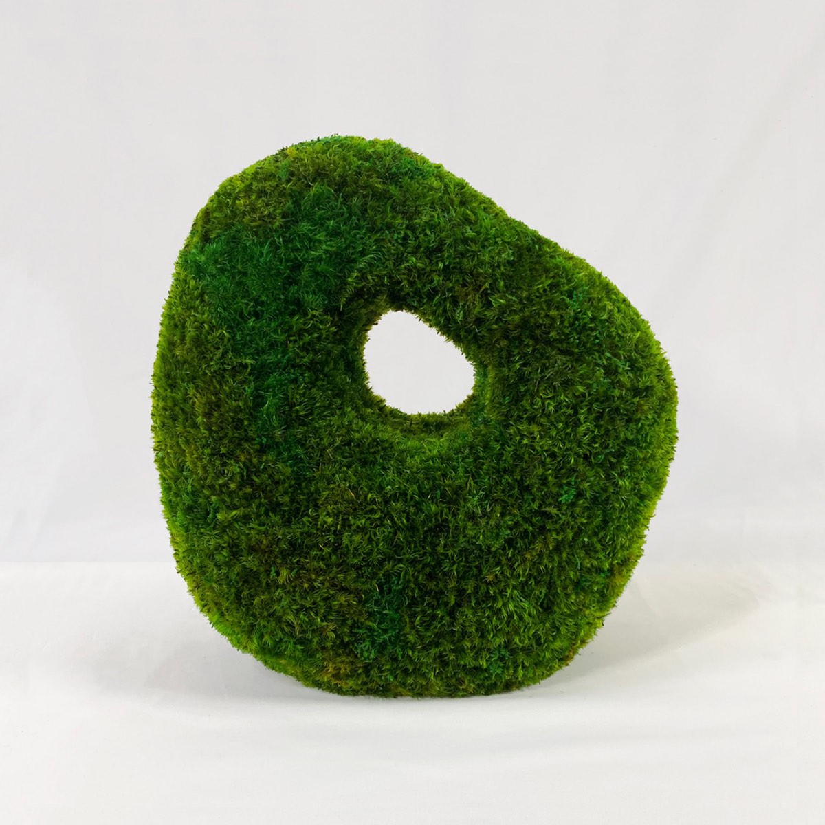 Cavern Whispers sculptural tabletop object crafted from preserved green moss with an organic hollow form