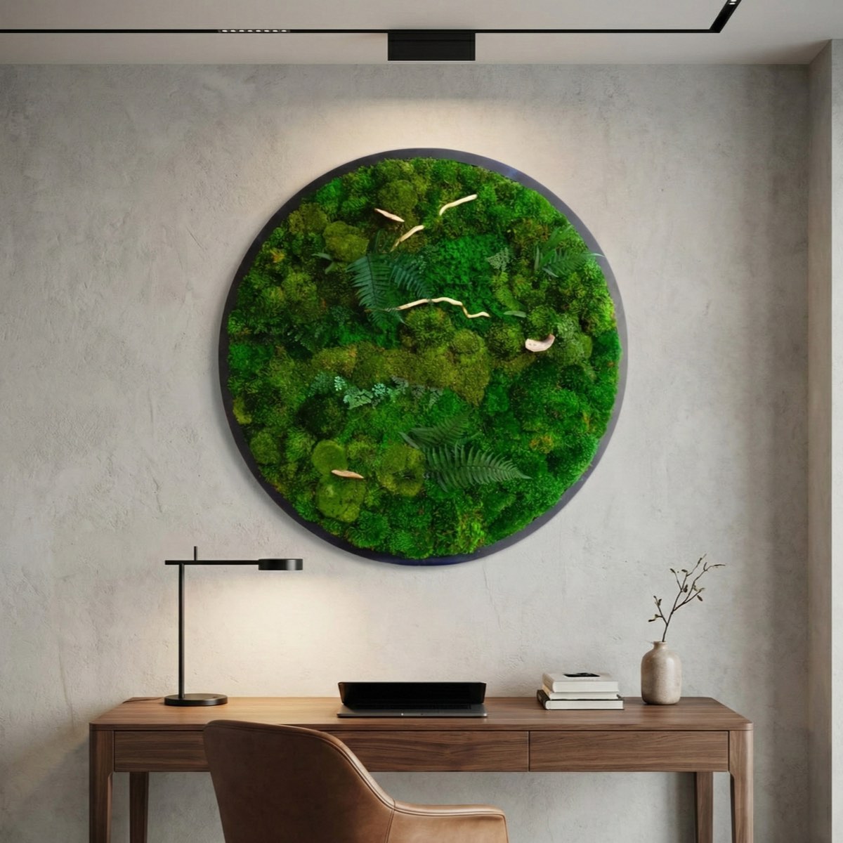 Round wooden framed organic moss wall art displayed above a fireplace, featuring layered preserved moss and ferns as a natural living room wall accent.