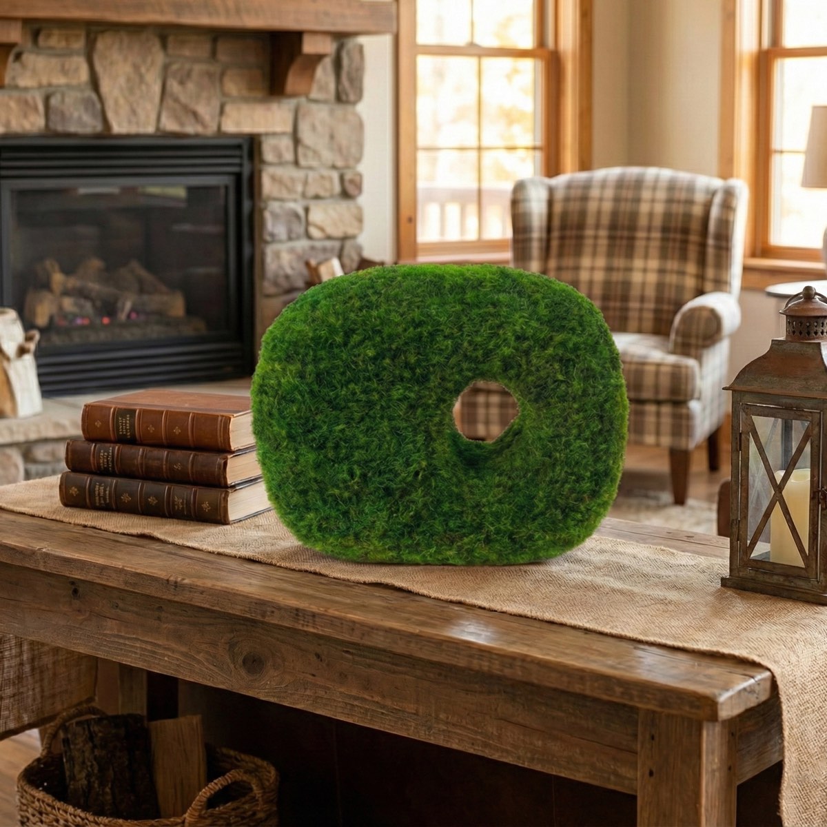 Guardian Cube sculptural moss tabletop displayed on a wooden coffee table in a warm living room setting, featuring preserved mood moss with a central opening