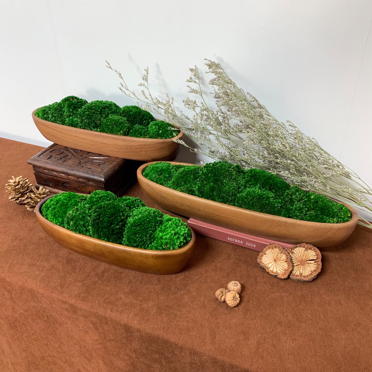 Long walnut decorative moss bowls with preserved bun moss, styled as a natural tabletop decor set for modern interiors.