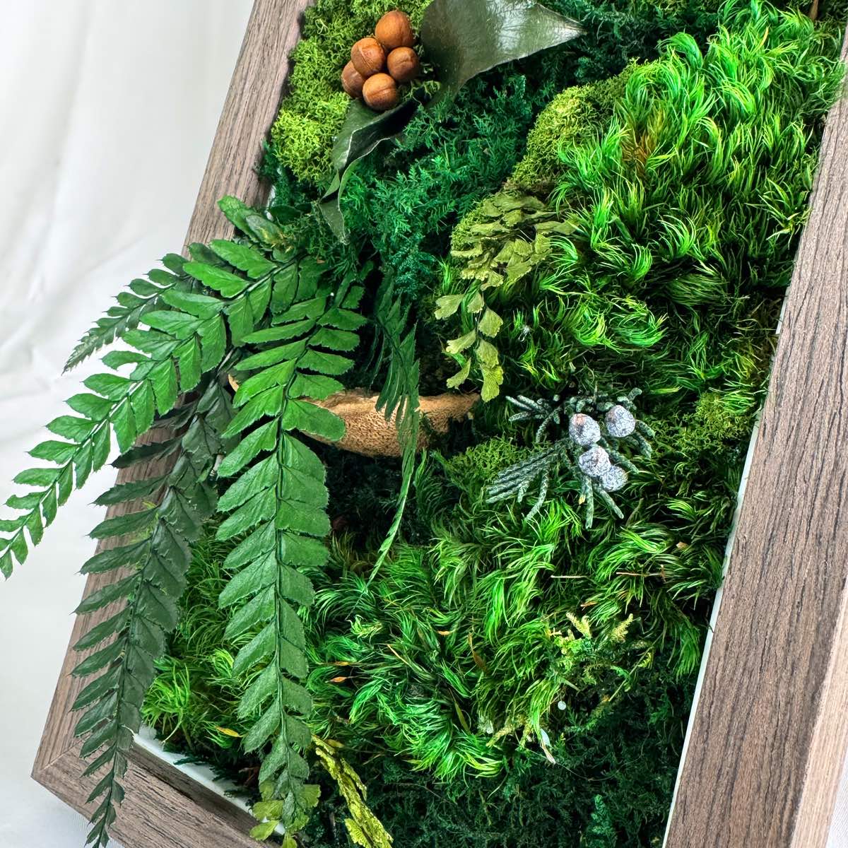 Close-up detail of Lush Moss Table Frame in walnut, showing mixed preserved moss, fern leaves, and botanical textures.