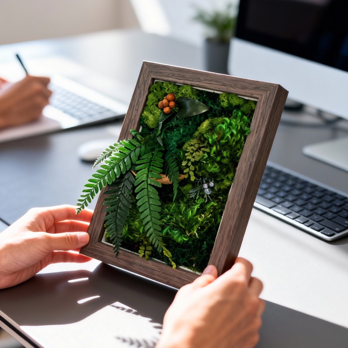 Hands holding the Lush Moss Table Frame in Walnut on a modern desk, featuring preserved moss and foliage for biophilic workspace decor.
