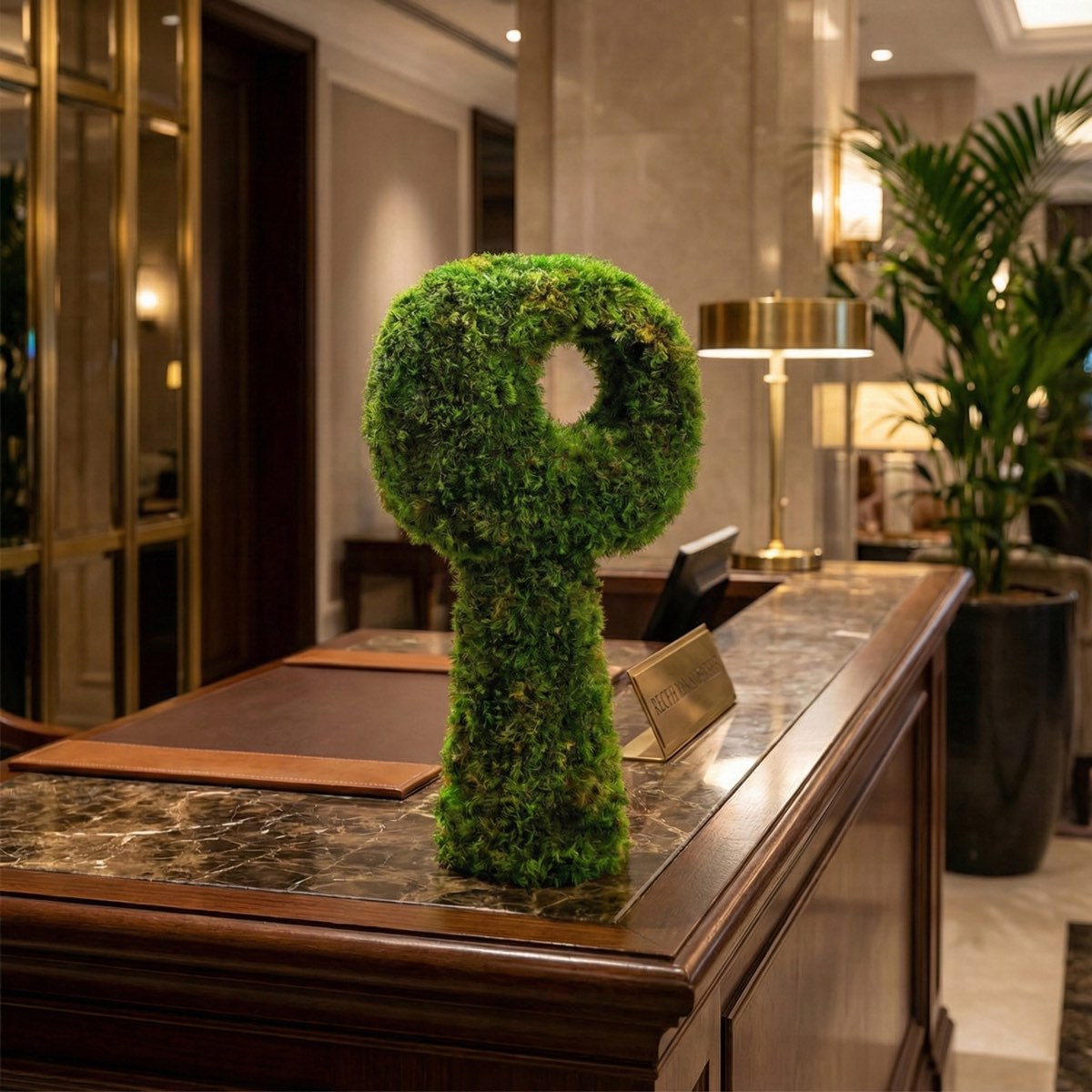 Majestic Warden preserved moss tabletop sculpture displayed on a luxury hotel reception desk, organic biophilic decor accent.